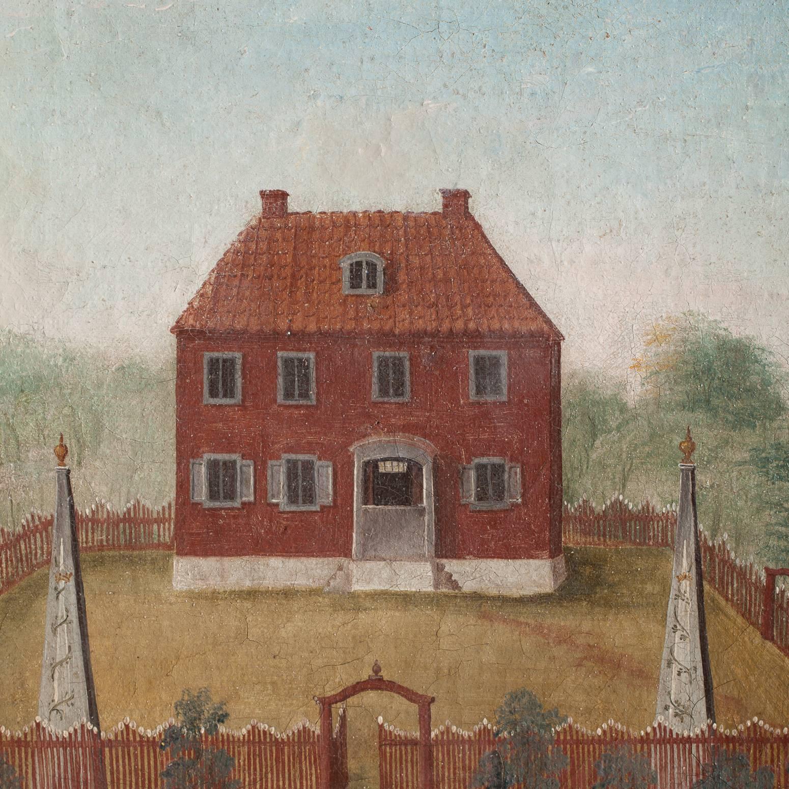 This charming Swedish, Folk Art painting depicts a very prominent estate in Halsingland, where water power was used in manufacturing. The painting probably decorated the wall in the house and was removed sometime later with its original frame. This