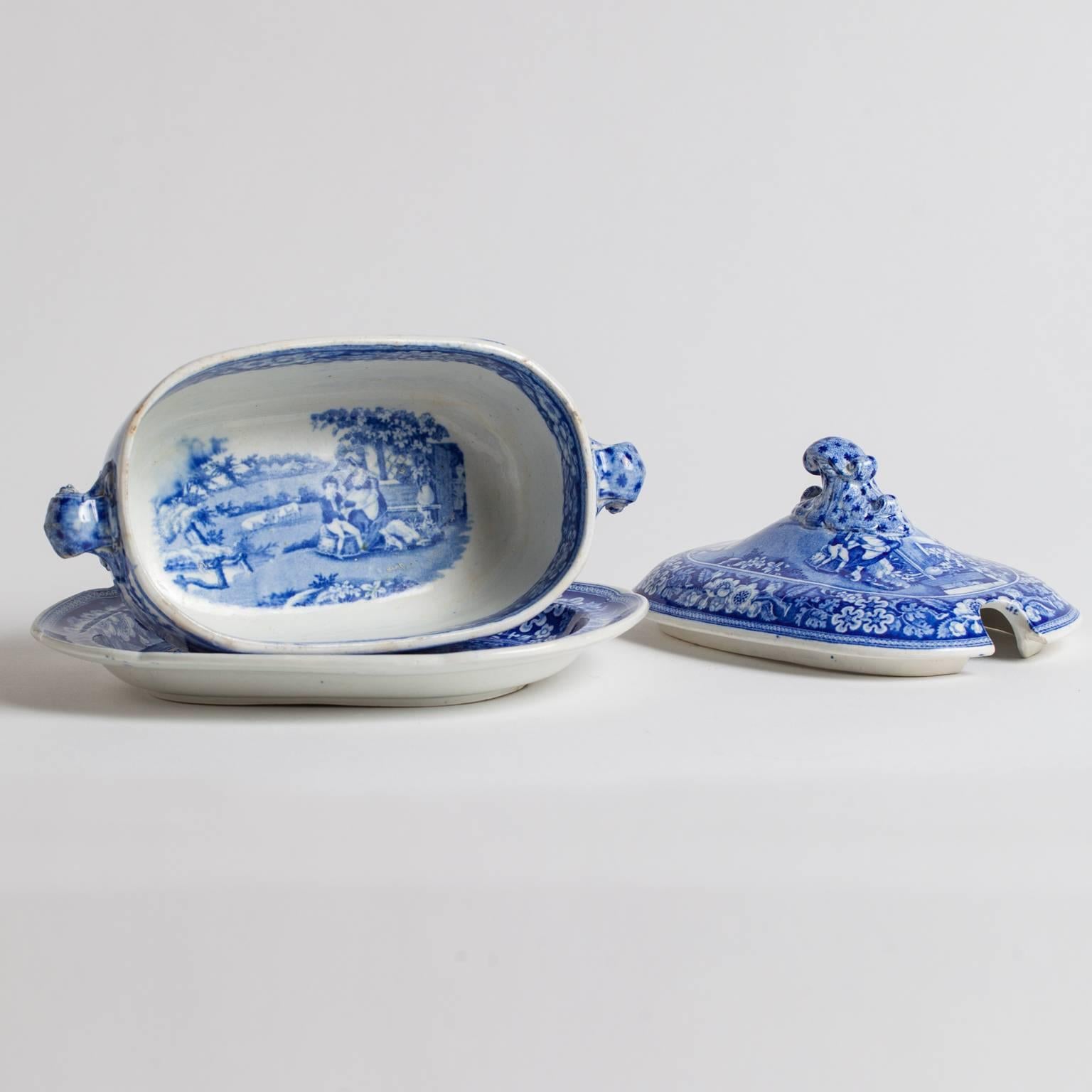 English Three-Piece Blue and White Covered Sauceboat 