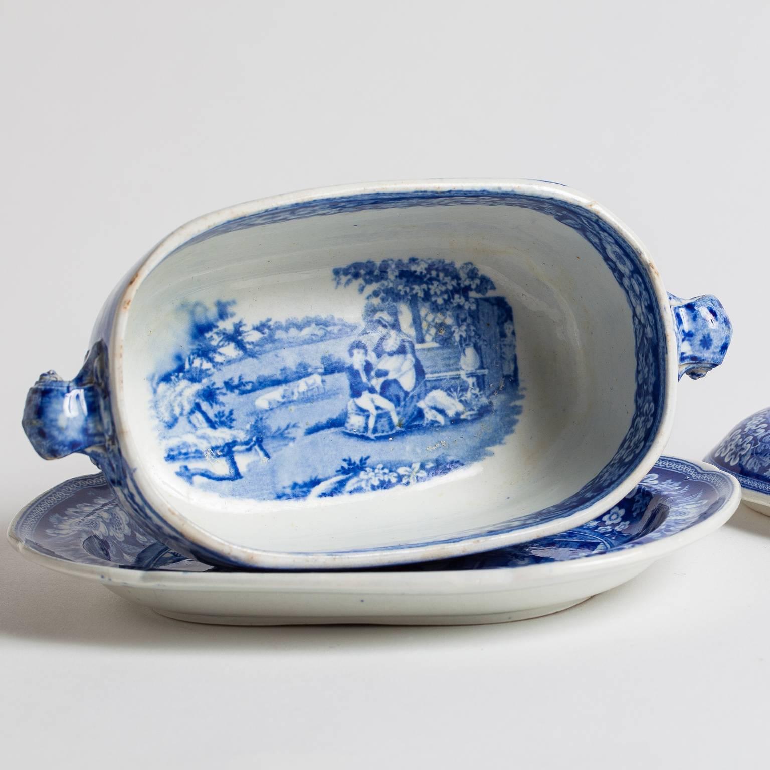 Three-Piece Blue and White Covered Sauceboat 