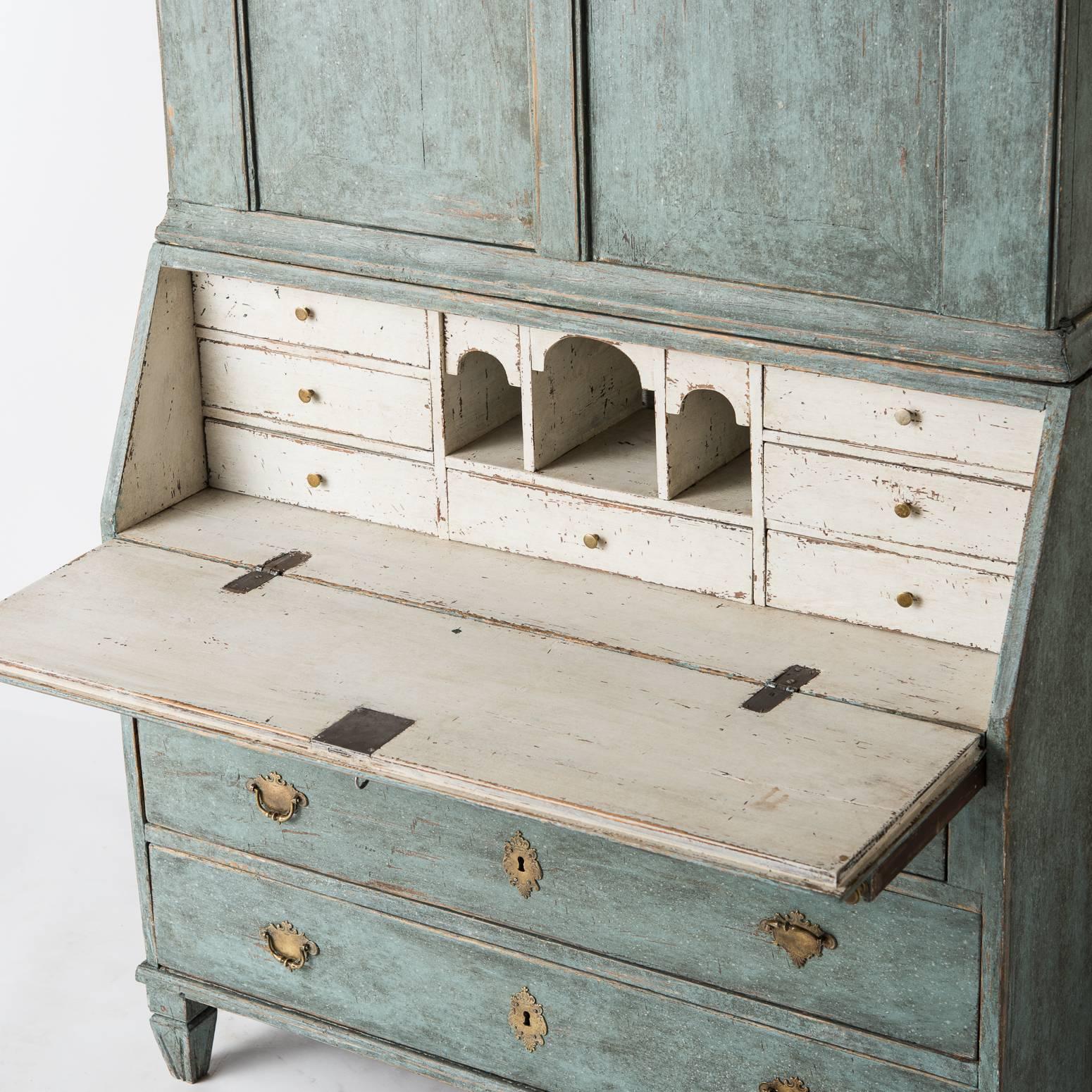 18th Century Swedish Late Rococo Period Secretary in Soft Green/Blue Paint, circa 1780