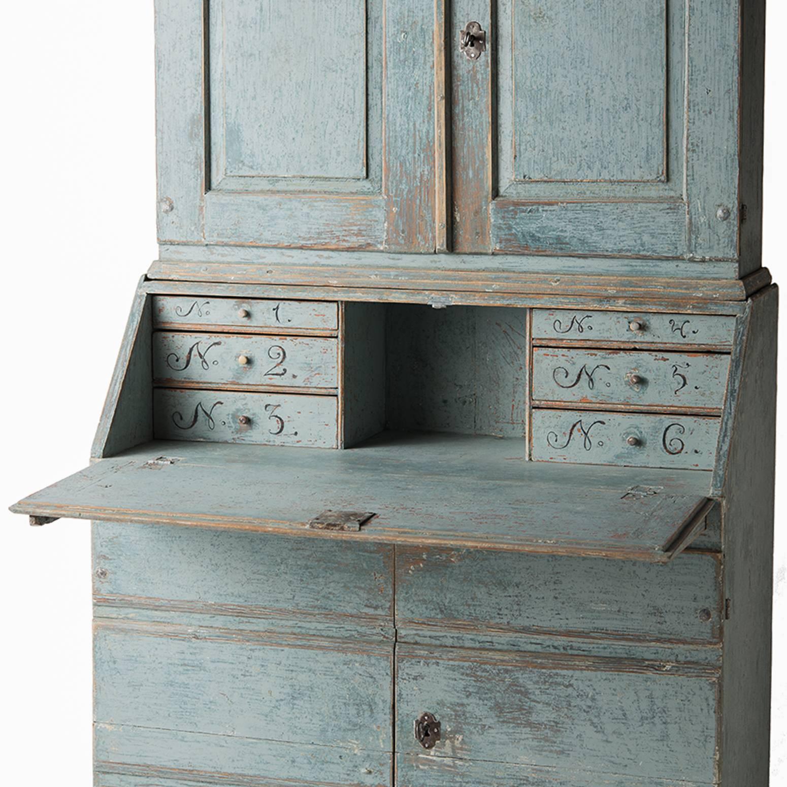 Swedish Early 19th Century Blue Painted Secretary, circa 1837 In Excellent Condition In New Preston, CT