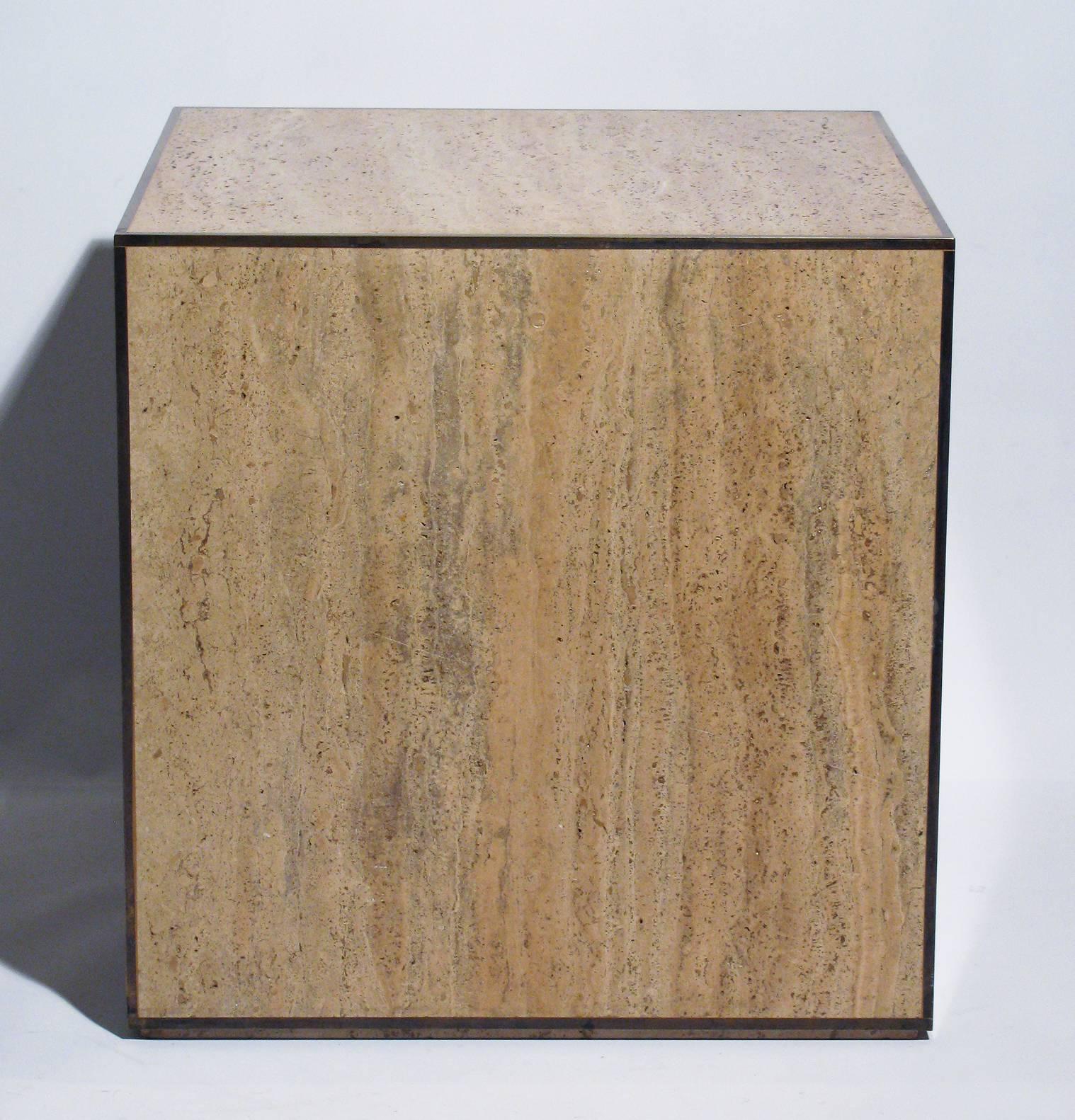 Modern Travertine and Brass Cube Table