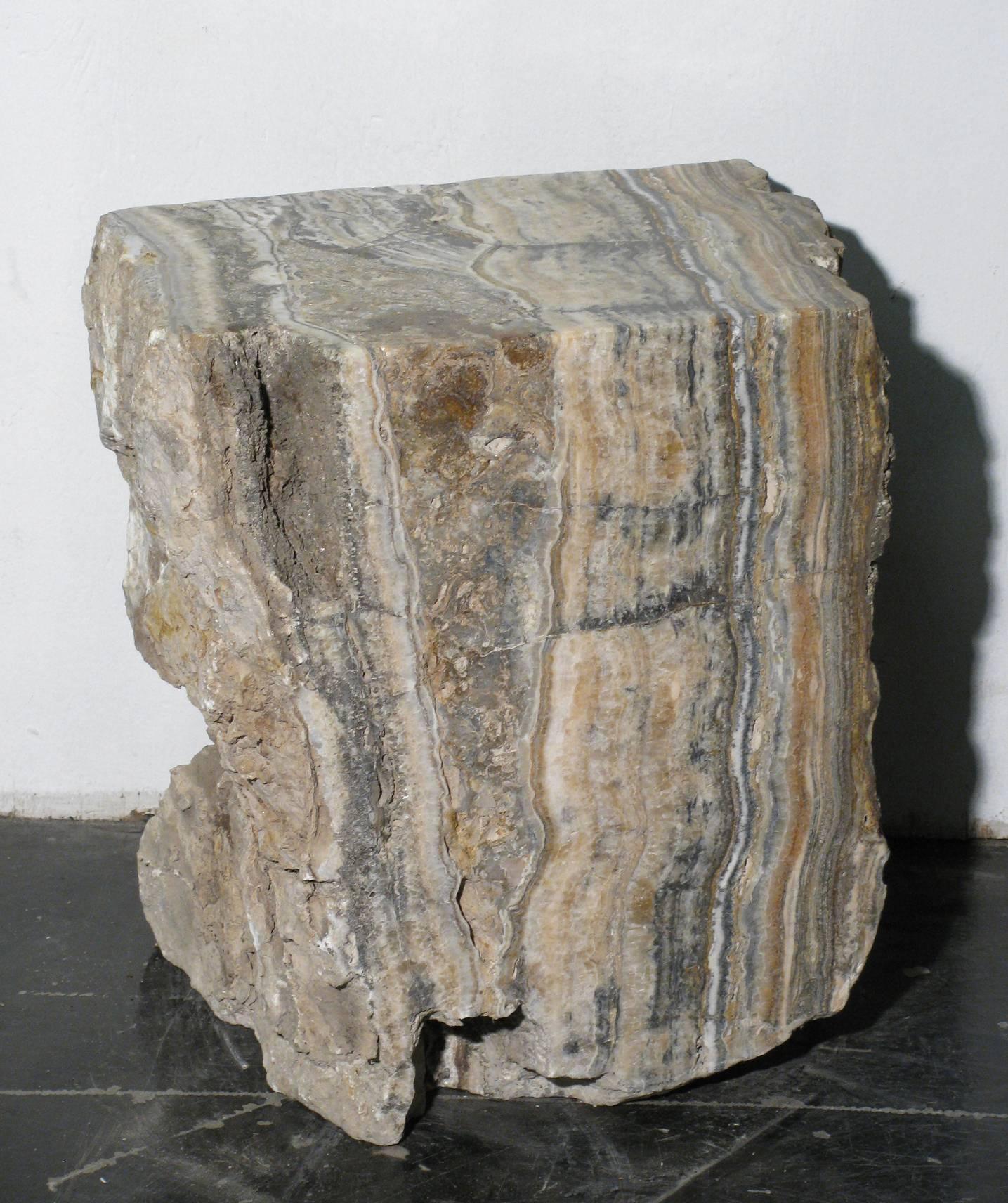 Organic form petrified onyx stump as a coffee table, stool or side table. Color hues are mostly gray and taupe with streaks of amber. We have three stumps available that make a nice trio in front of a sofa. (Measurements taken at widest points).