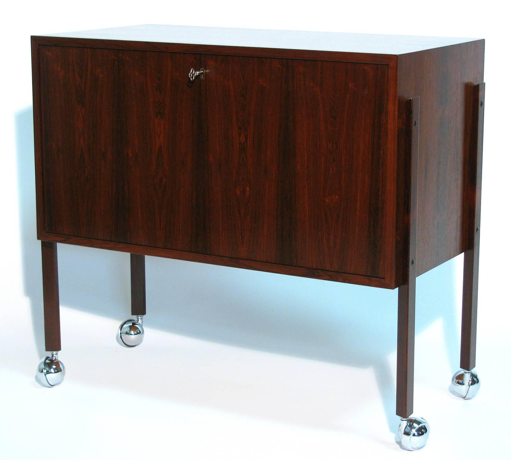 Lacquered Danish Modernist Rosewood Lockable Bar Cabinet For Sale
