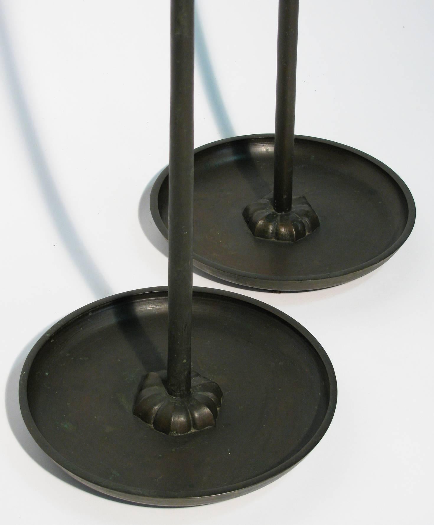 19th Century Meiji Period Bronze Candle Stands, Pair  For Sale