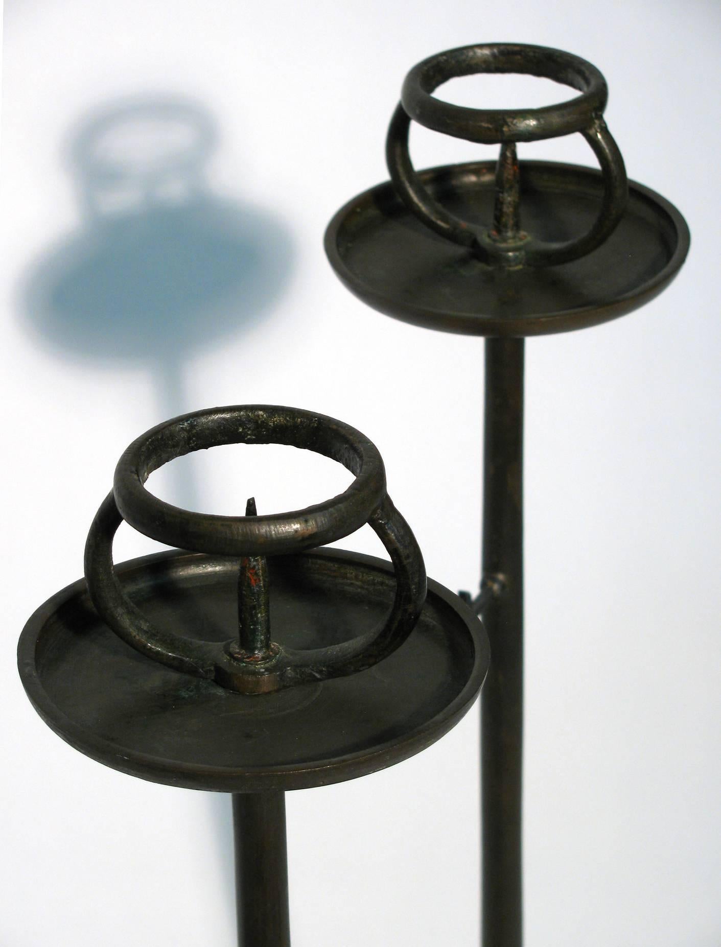 Meiji Period Bronze Candle Stands, Pair  For Sale 1