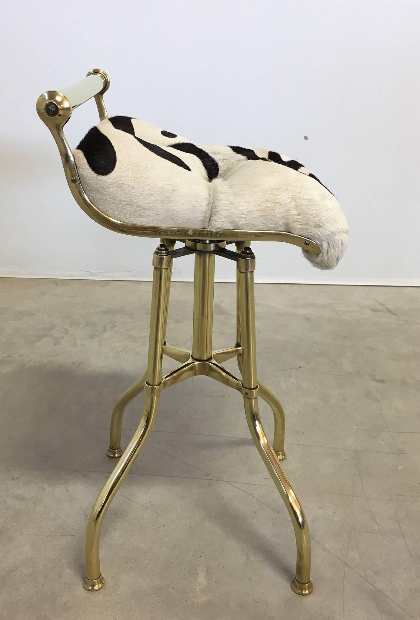 Adjustable English Brass and Tufted Leather Hide Stool In Excellent Condition In Austin, TX