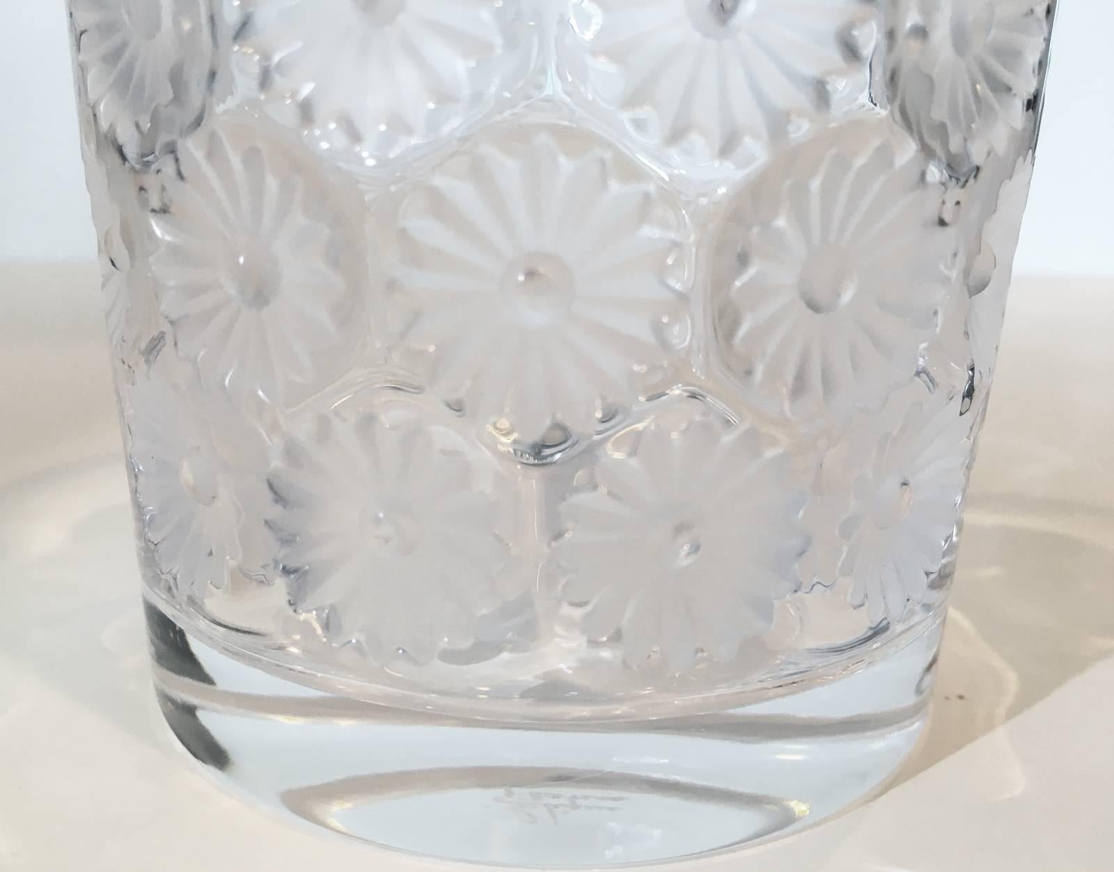 A rare and excellent pair of vintage Lalique double old fashioned cocktail glasses in the Napsbury pattern with recessed frosted daisies. Signed at the base; Lalique France.