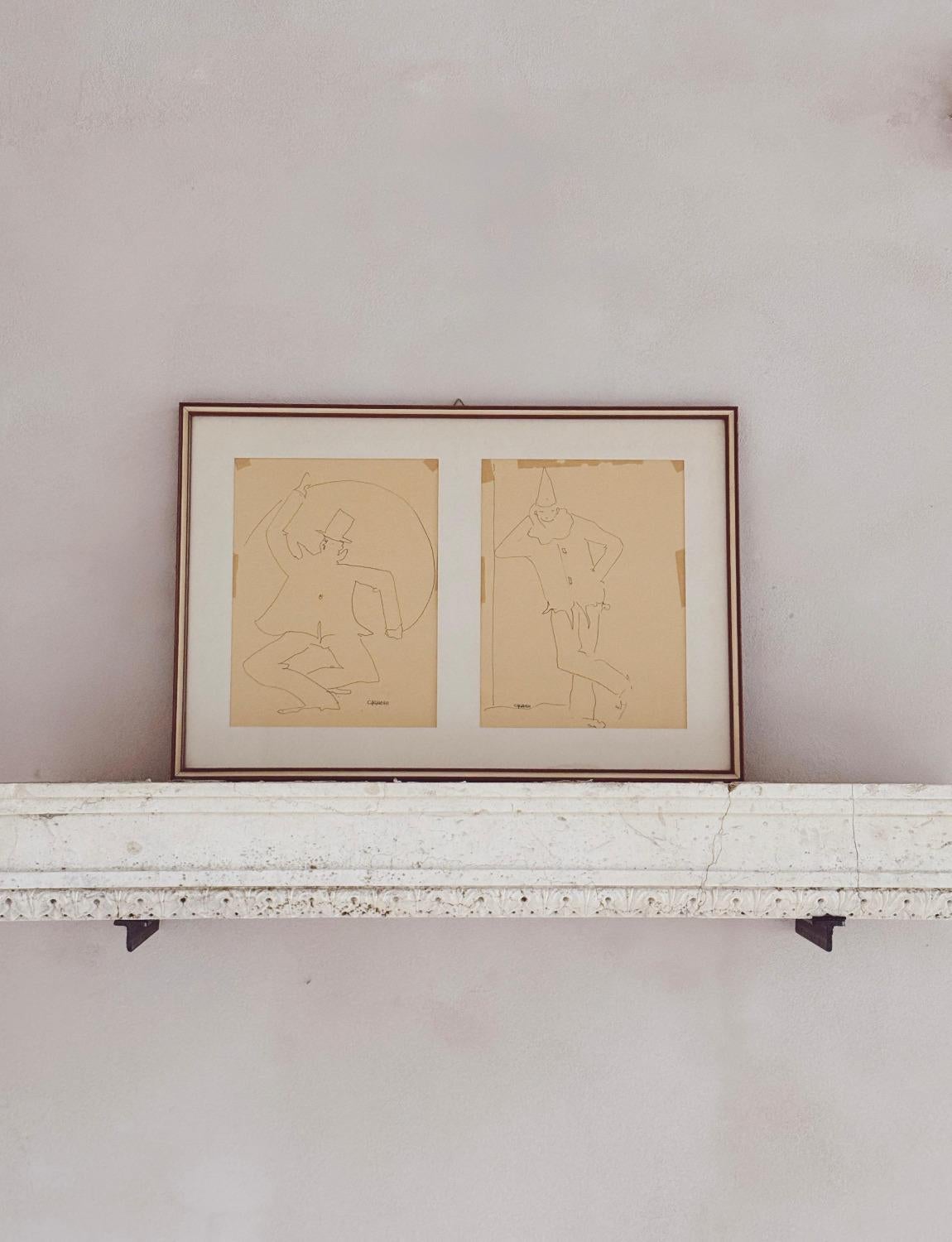 Pagliacci - Die Clowns. Eine Studie in Tinte. Signiert Cagnoni und gezeichnet in 1910/1920. Ein Clown lehnt lässig an einer Wand, während der andere einen Seiltrick vorführt. Tinte auf Papier. Im Originalrahmen.