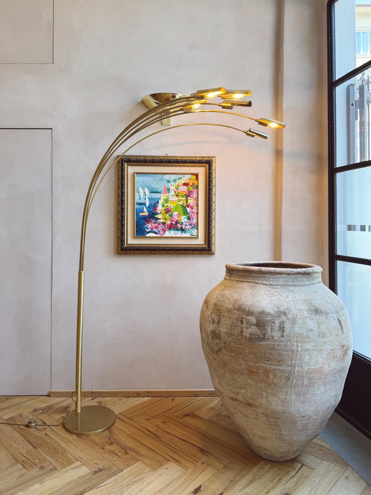 Large 1970s Brass Floor Lamp with curved metal branches For Sale