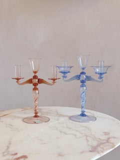 Ein Paar handgeblasene Kerzenleuchter aus Murano-Glas in Blau und Rosa von Pauly & Co., 1940er Jahre
