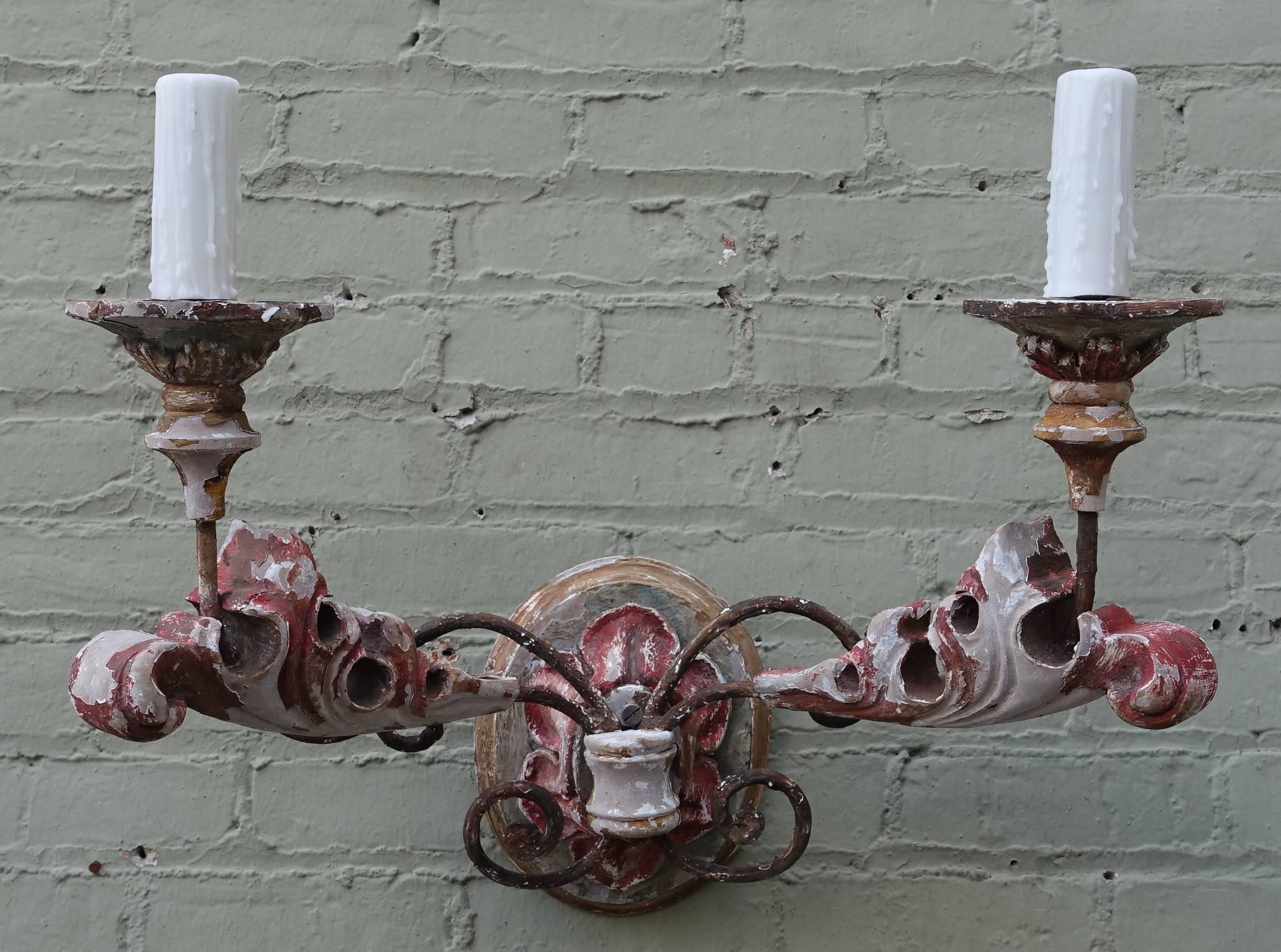 Baroque Pair of Italian Two-Light Carved Wood and Painted Sconces