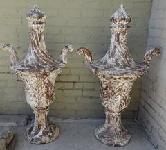 Pair of Italian Carved Flame Finial Urns