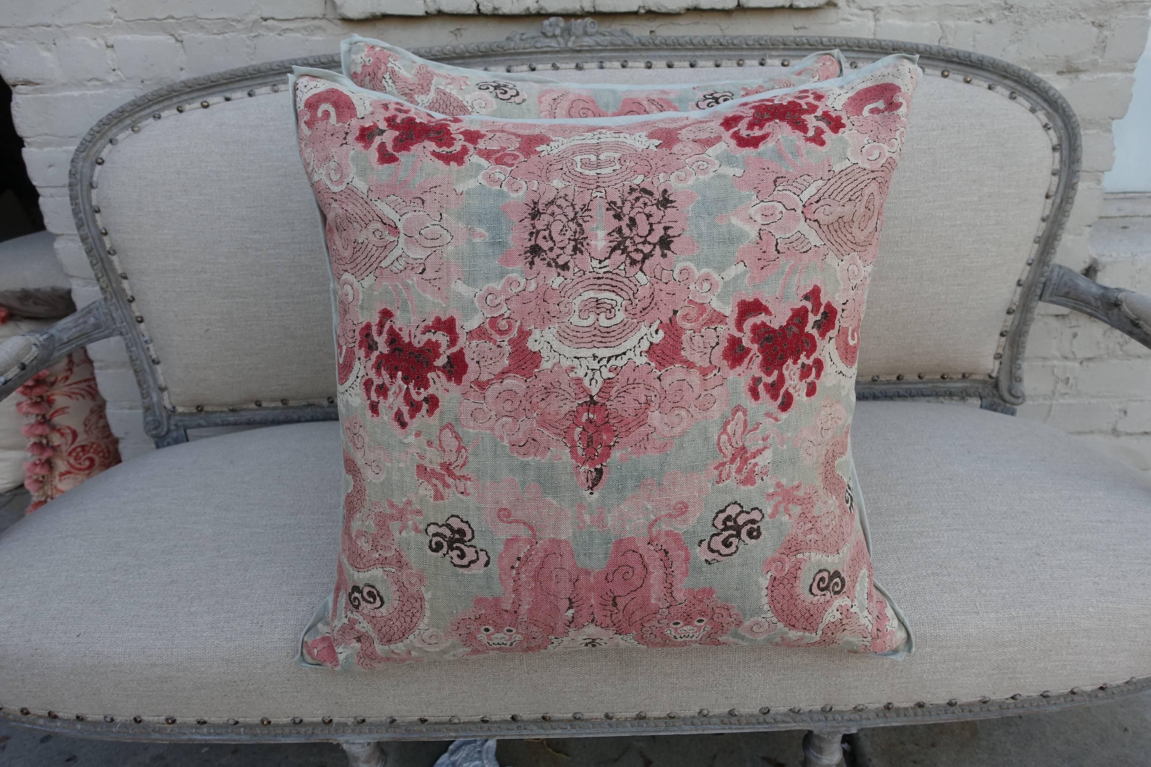 American Pair of Chinoiserie Printed Cotton Pillows