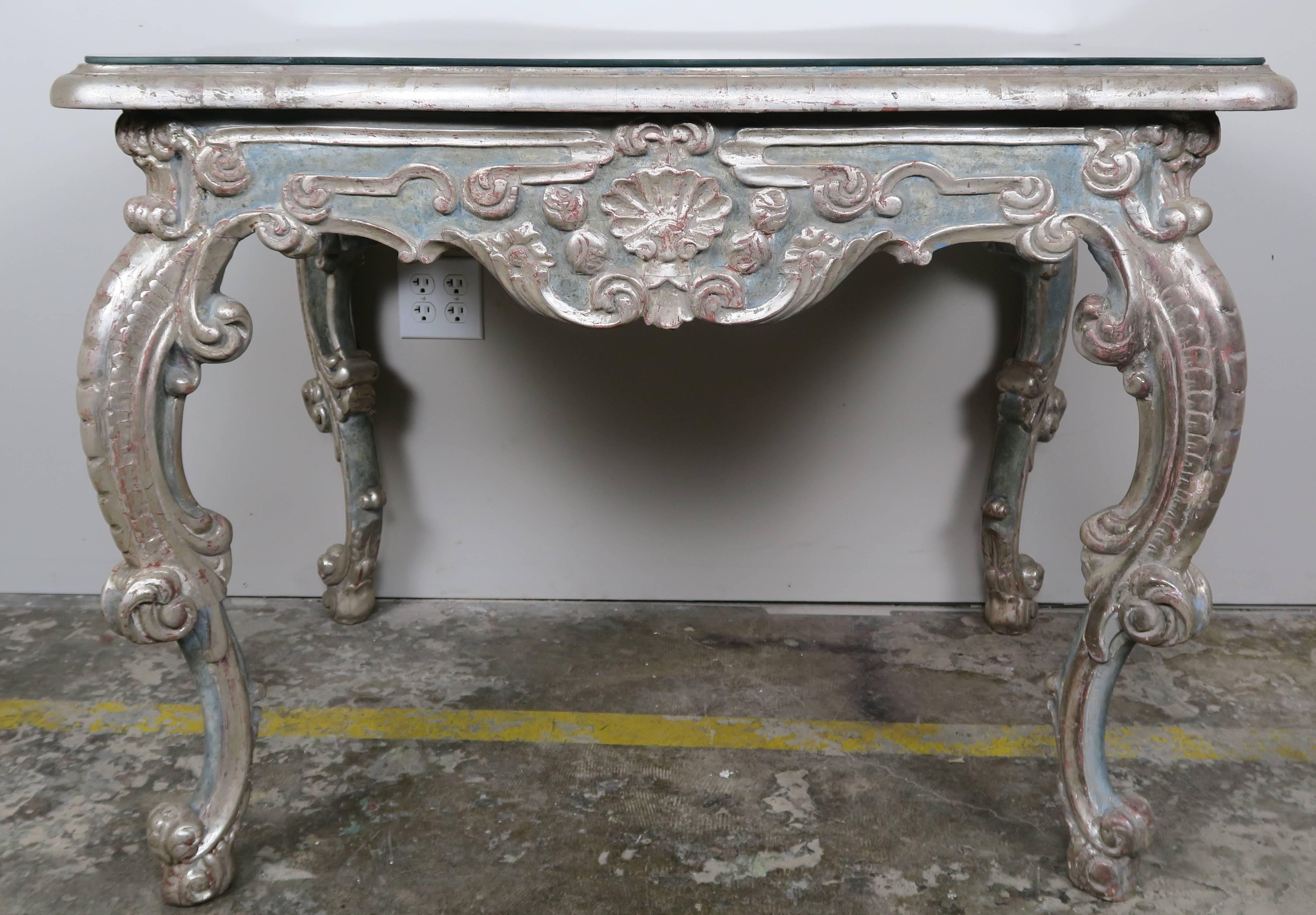 Rococo Pair of French Painted and Silver Gilt Tables with Mirrored Tops
