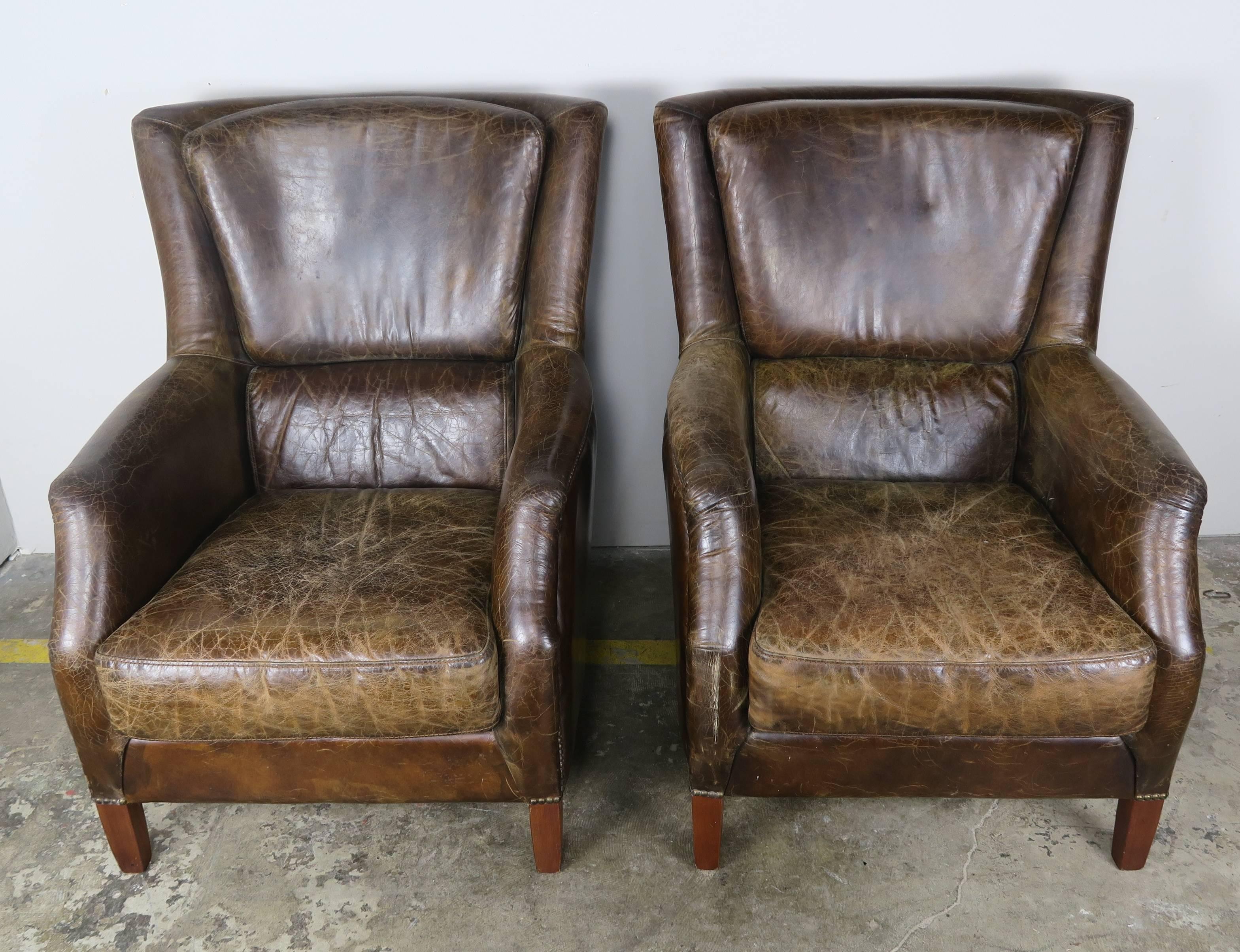 Art Deco Pair of Tobacco Colored Leather Armchairs