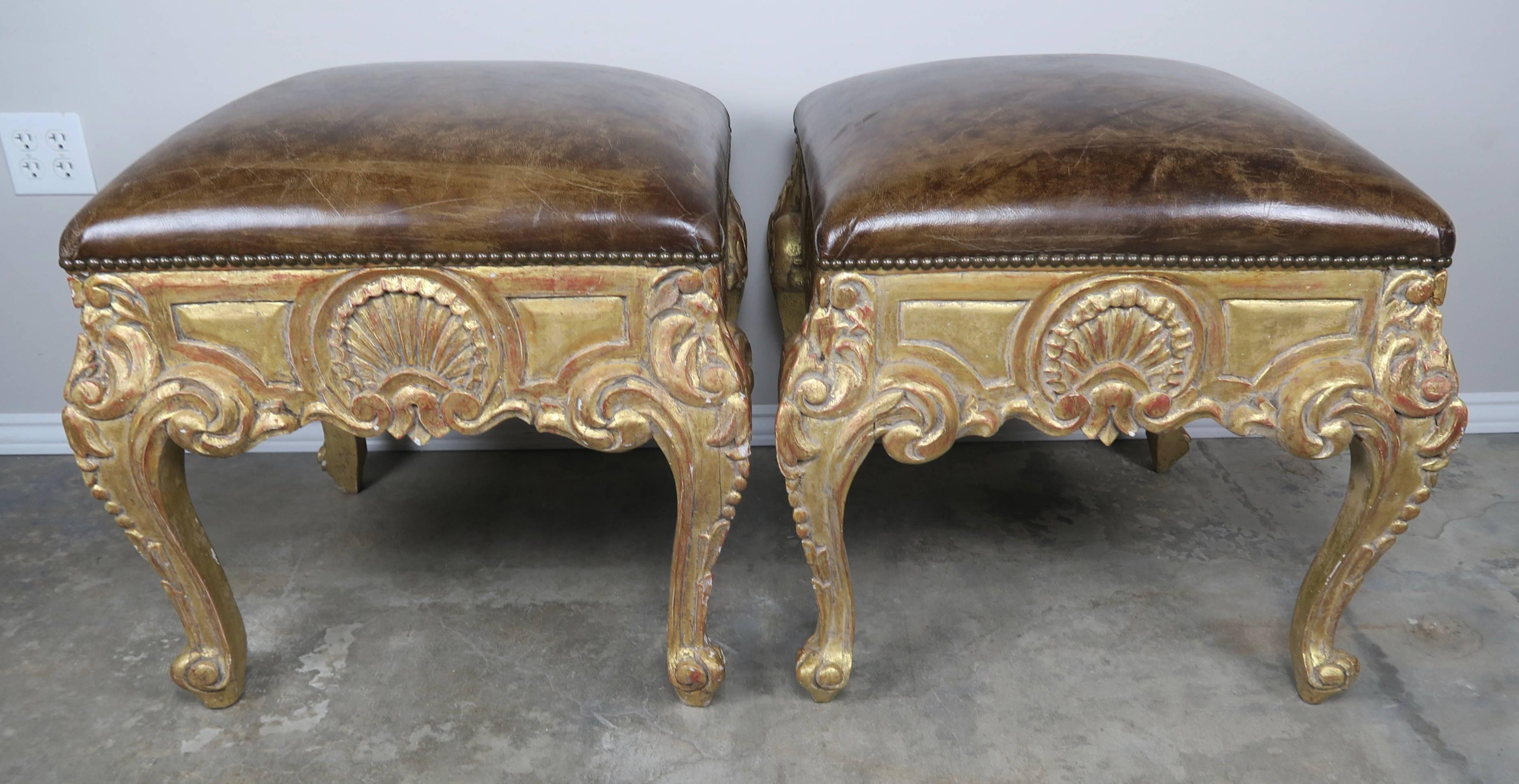 Louis XV Pair of French Giltwood Leather Upholstered Benches