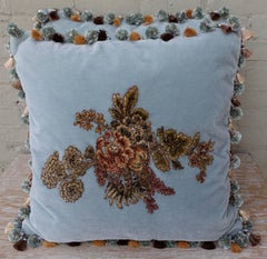 Light Blue Velvet Pillows with Floral Appliqué and Round Tassel Trim, A Pair