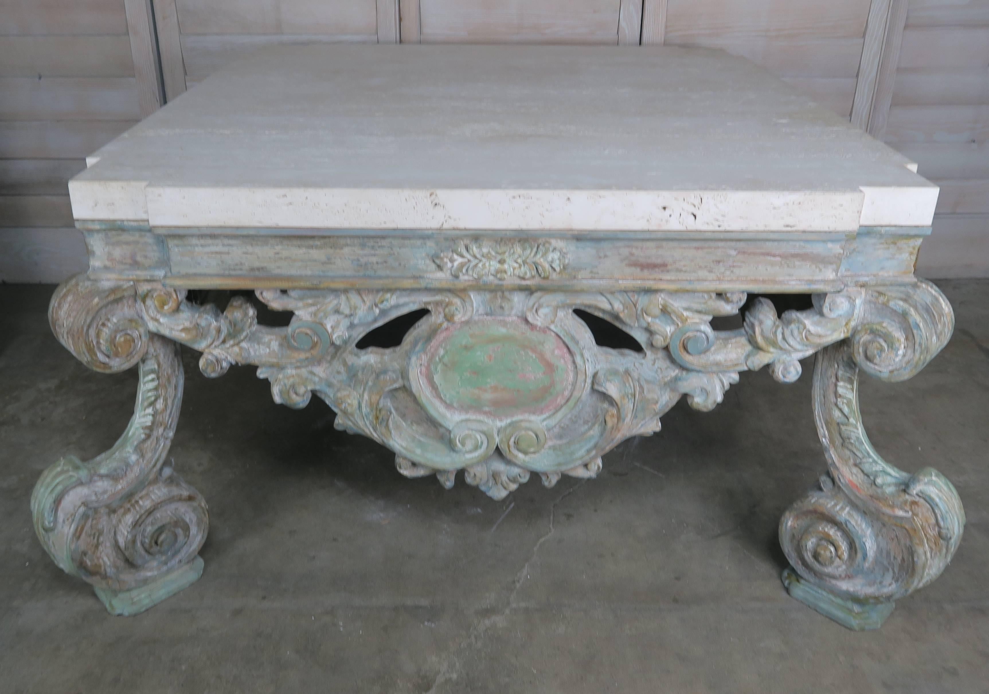 Hand-Painted French Carved Louis XV Style Coffee Table 
