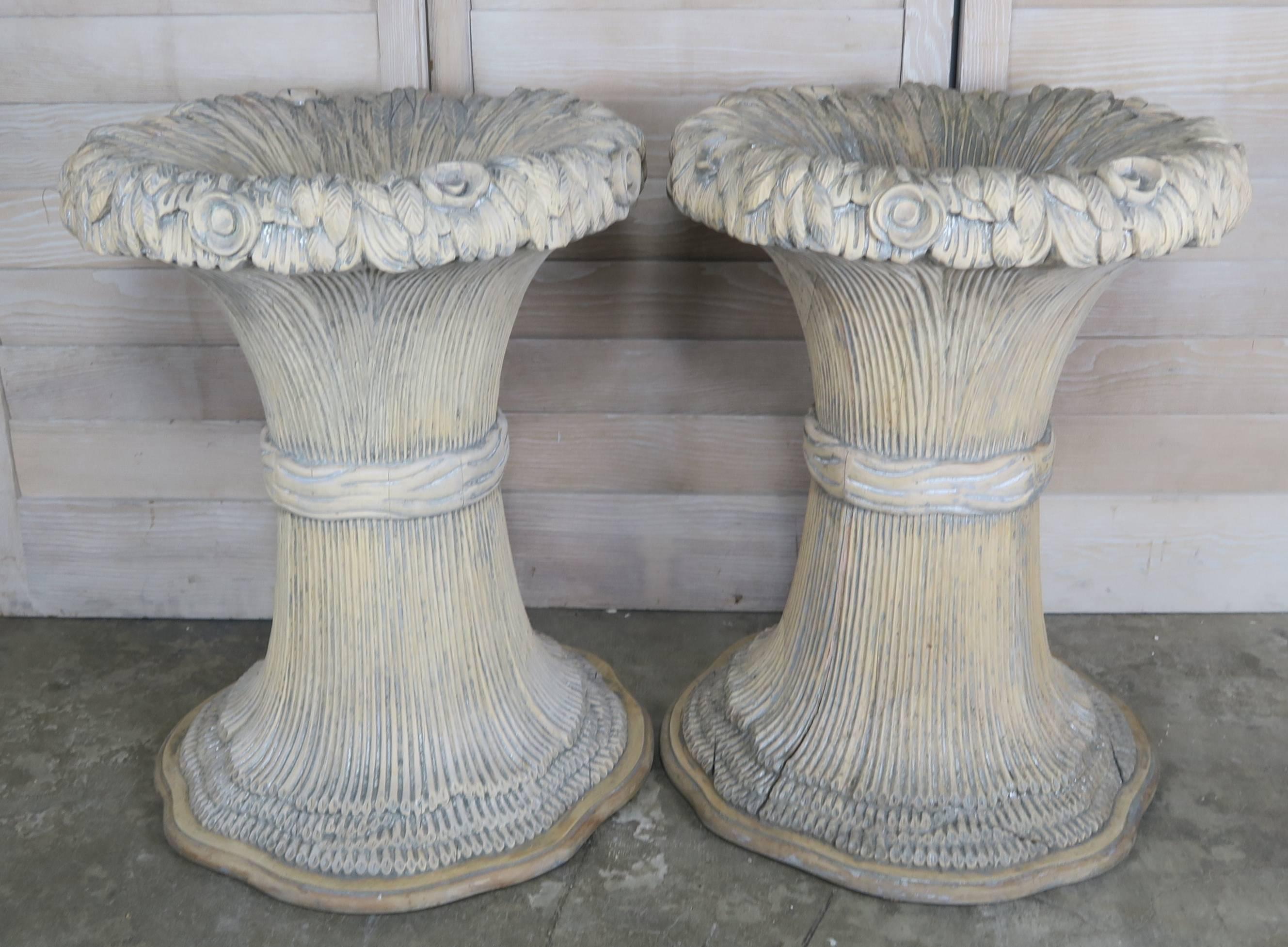 Rococo Carved Wood Harvest Wheat Planters, Pair
