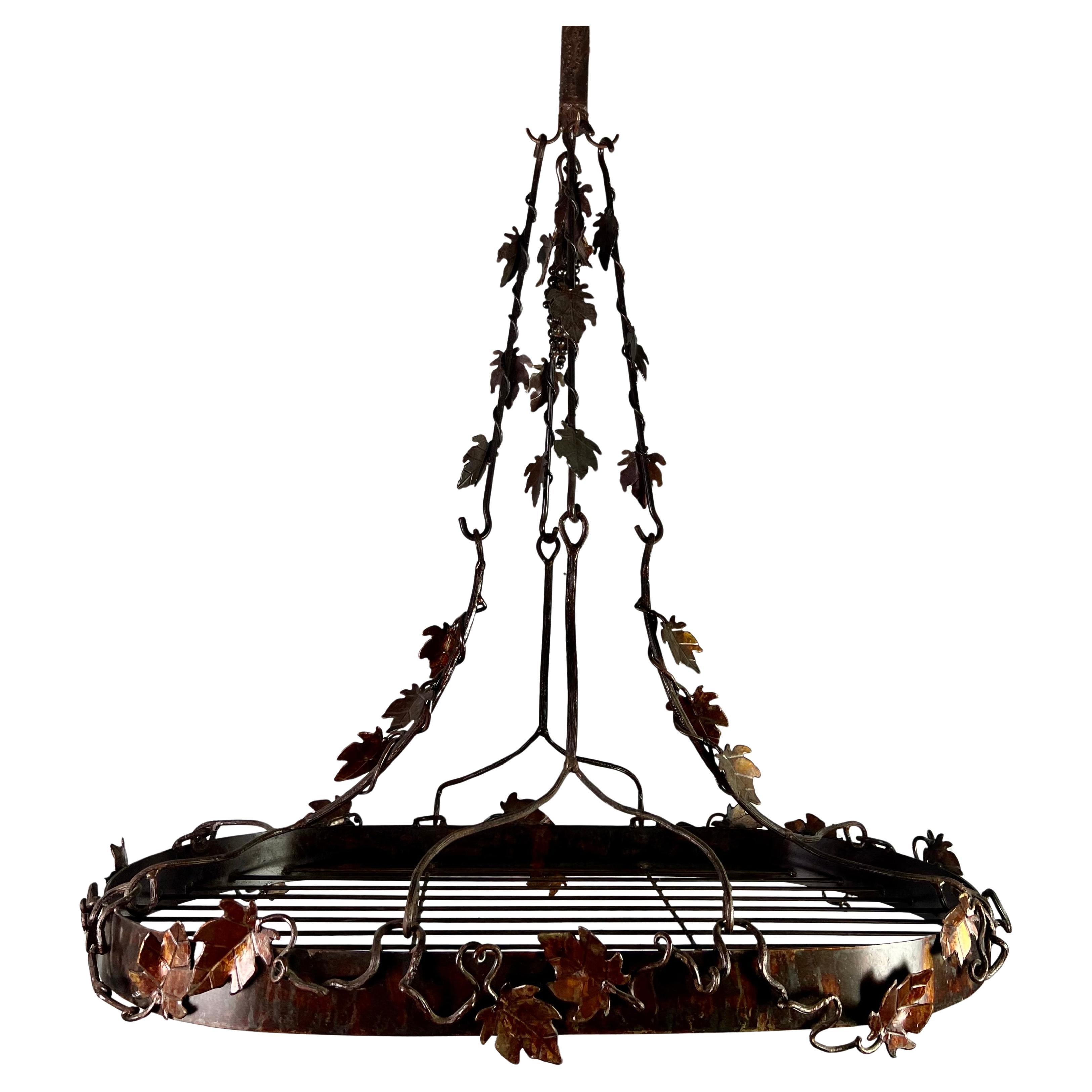 Wrought Iron Pot Rack with Grapevine Design, Distressed Finish