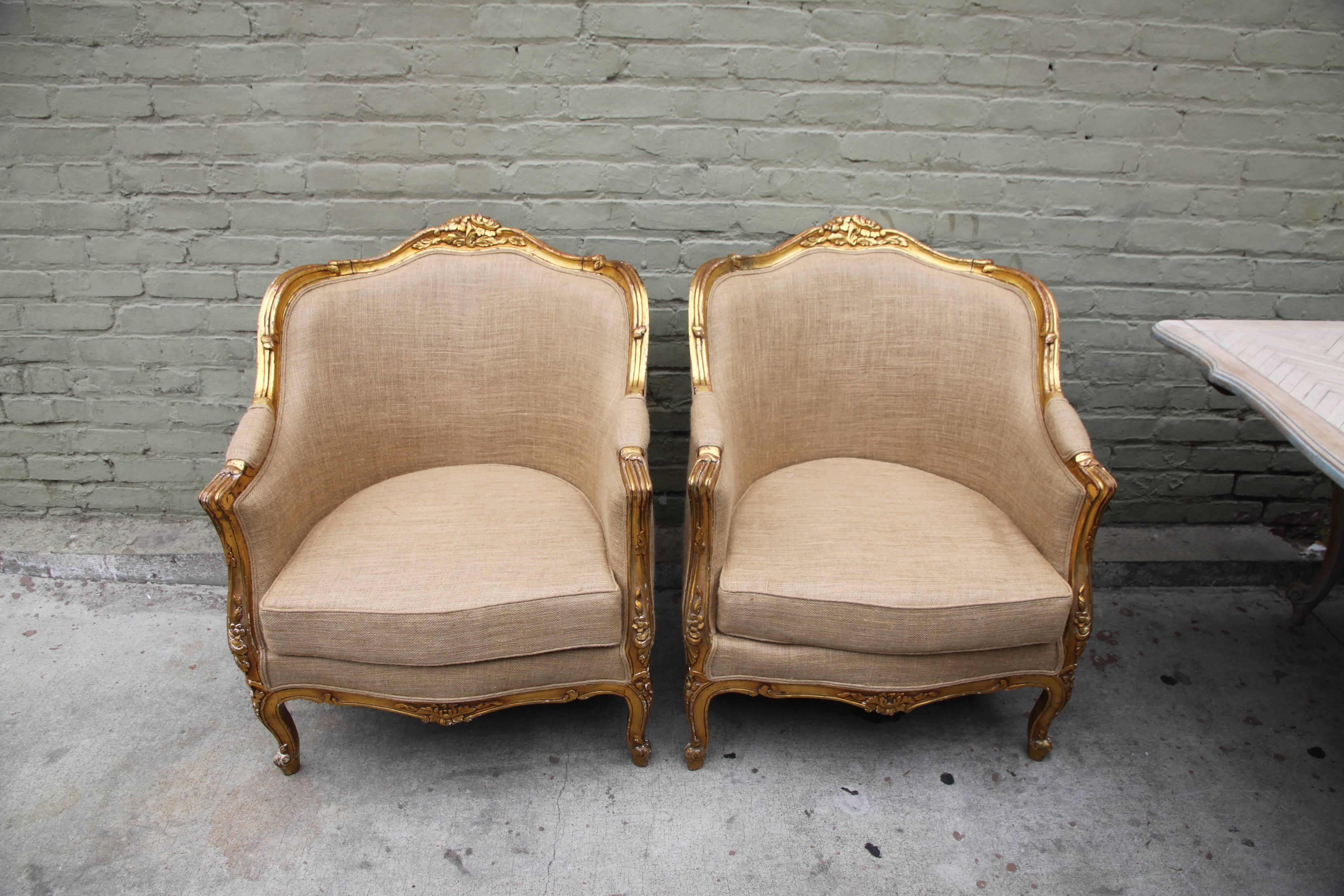 Rococo French Giltwood Louis XV Style Bergeres, Pair