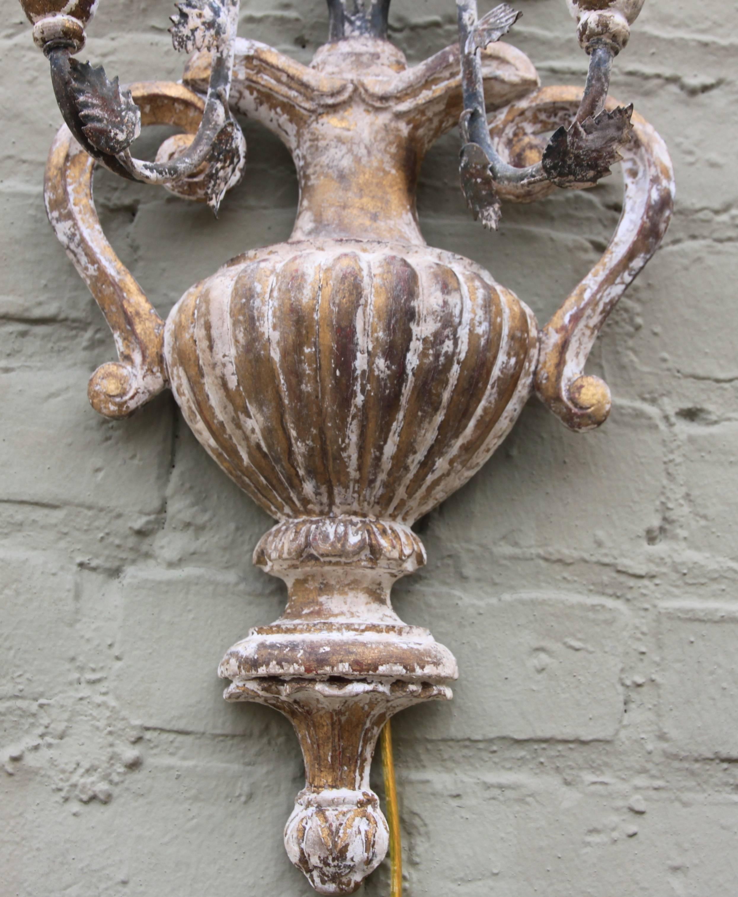 Rococo Pair of Italian Two-Light Carved Wood and Iron Sconces