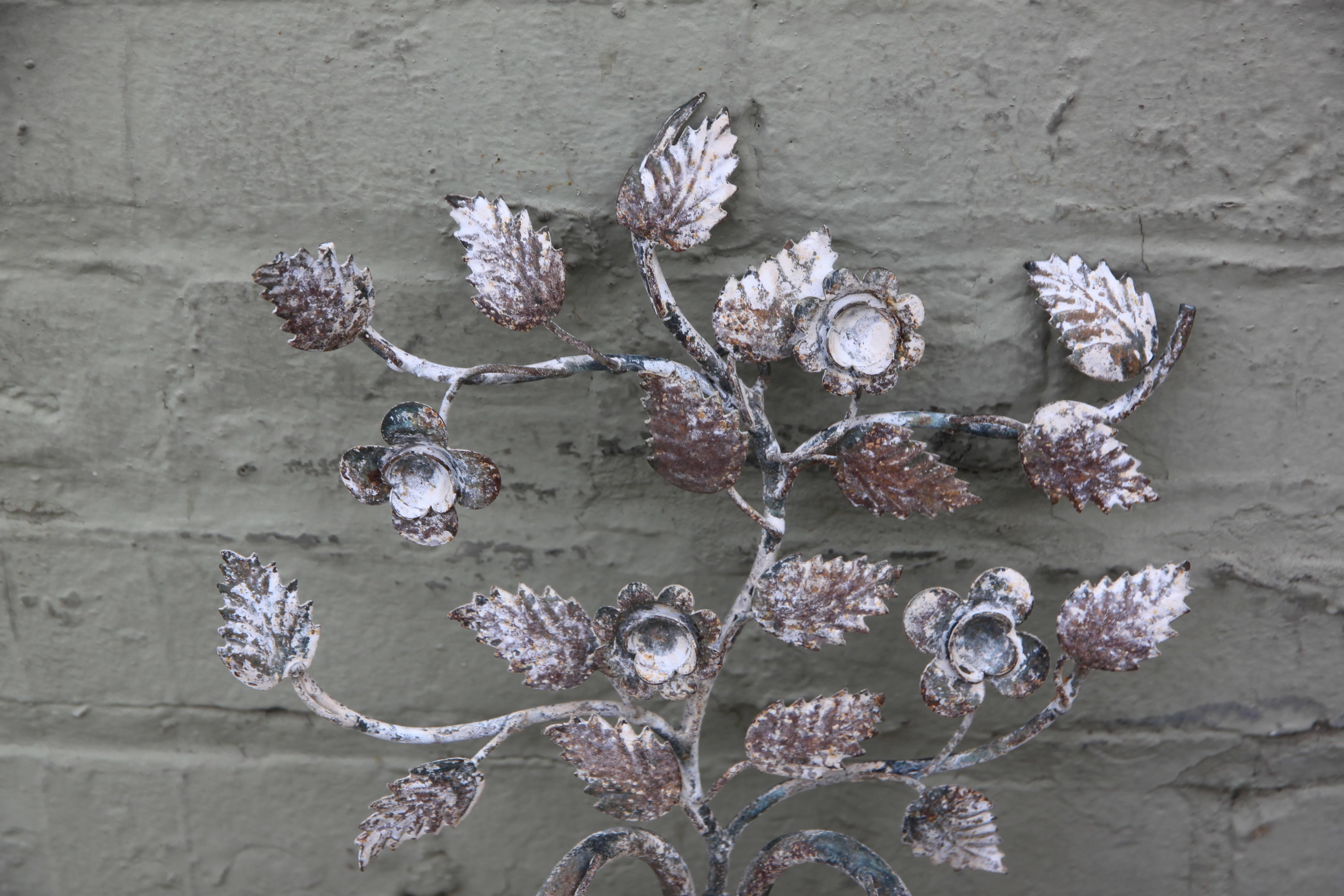 Pair of Italian Two-Light Carved Wood and Iron Sconces In Distressed Condition In Los Angeles, CA