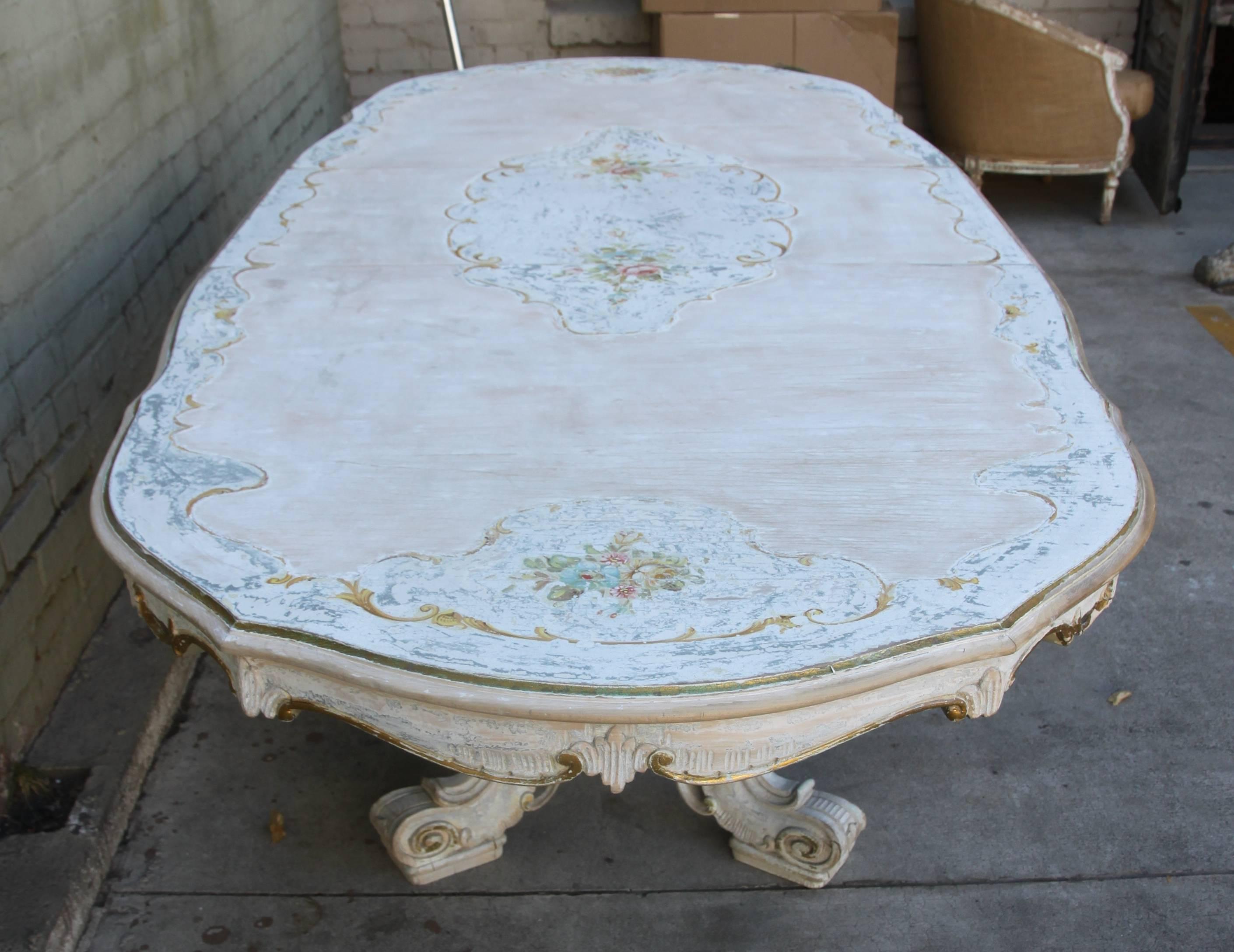 French Painted Rococo Style Dining Table w/ Center Leaf 1