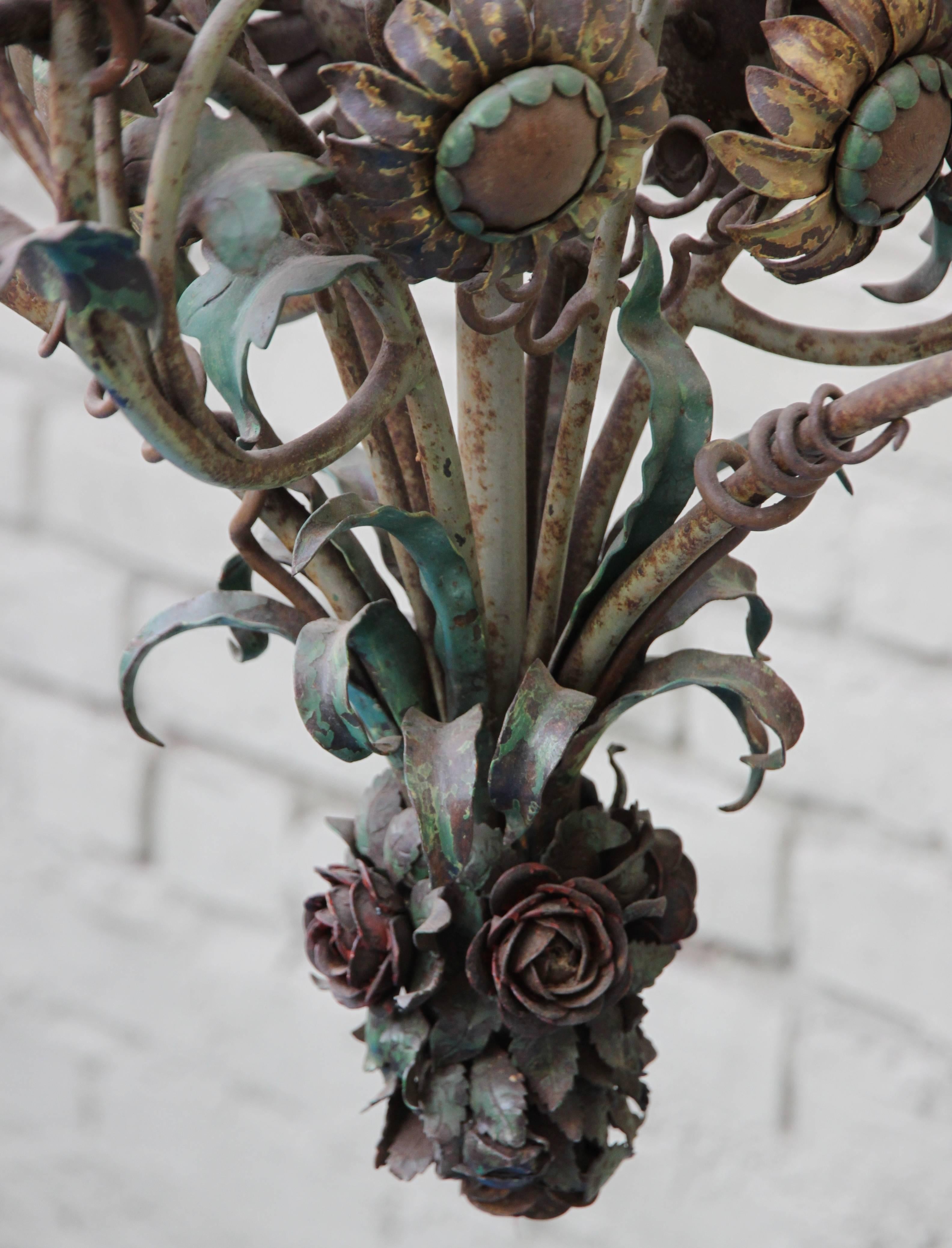 Rococo Six-Light French Wrought Iron Painted Floral Chandelier