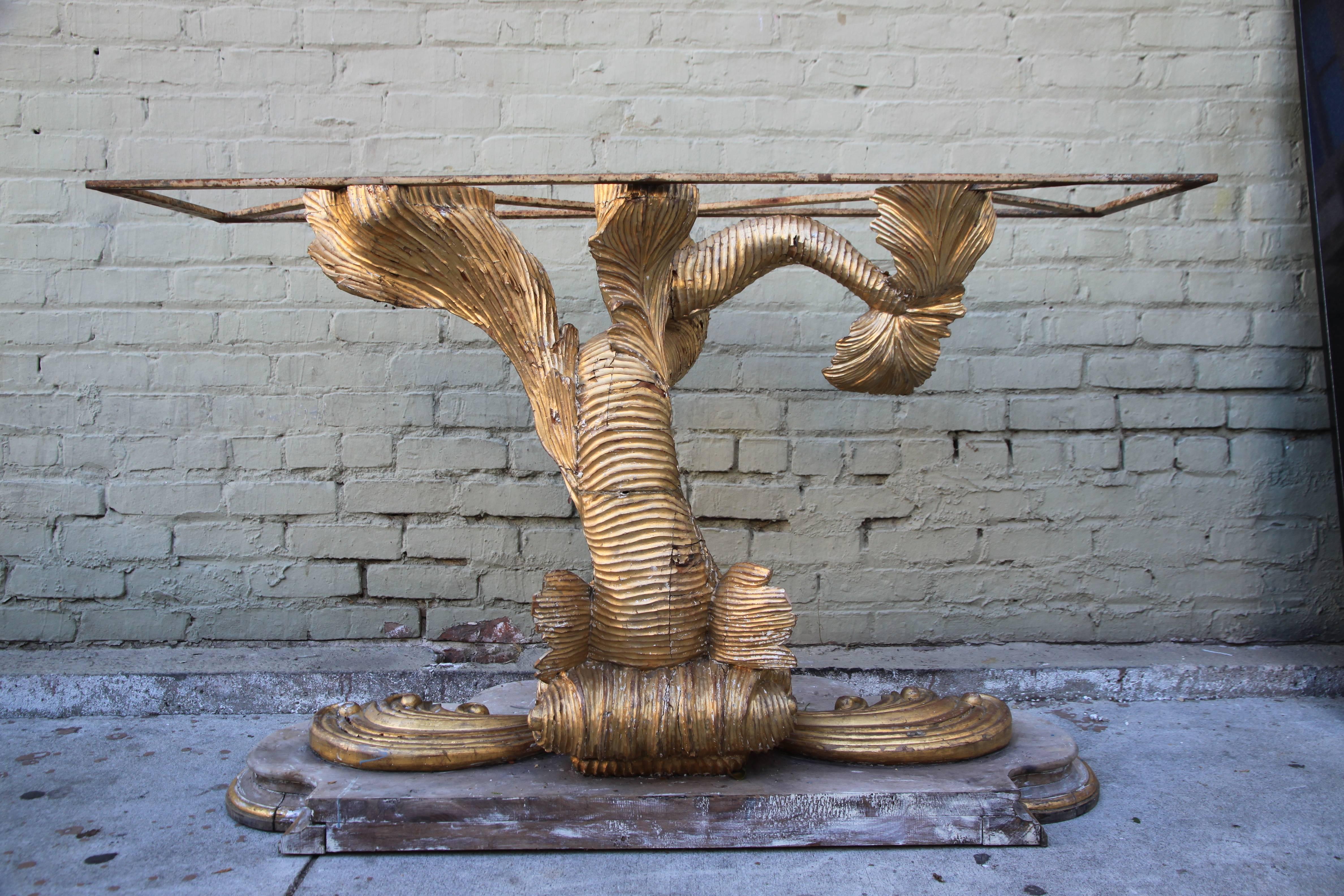 19th Century Italian Giltwood Dolphin Console In Distressed Condition In Los Angeles, CA