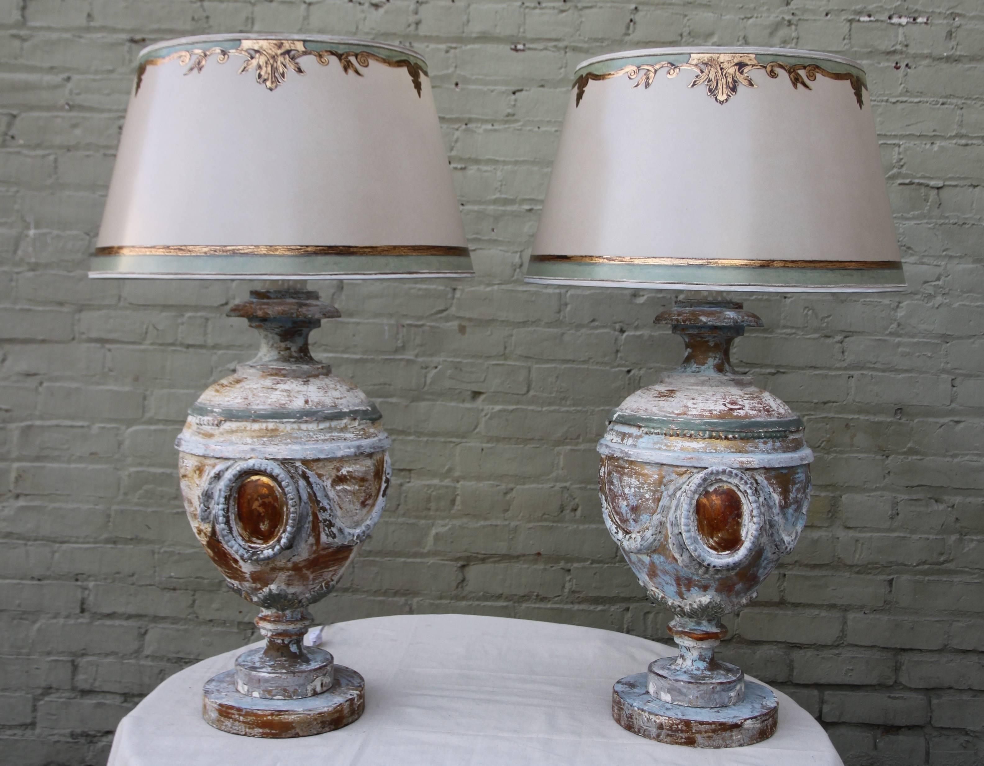 Pair of 19th Century Italian Urns Wired into Lamps and Crowned with Shades In Distressed Condition In Los Angeles, CA