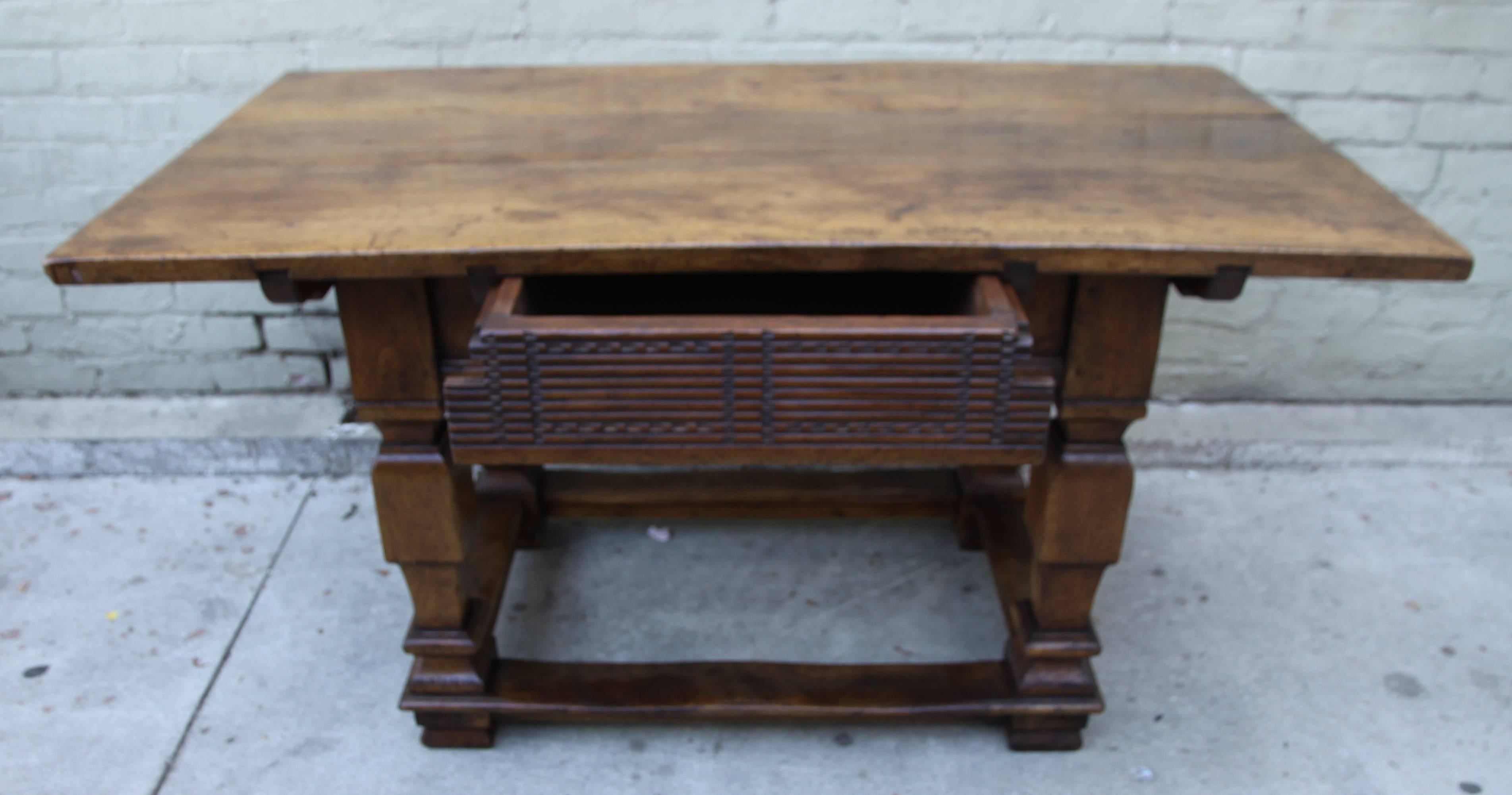 Baroque Italian Walnut Table with Center Drawer