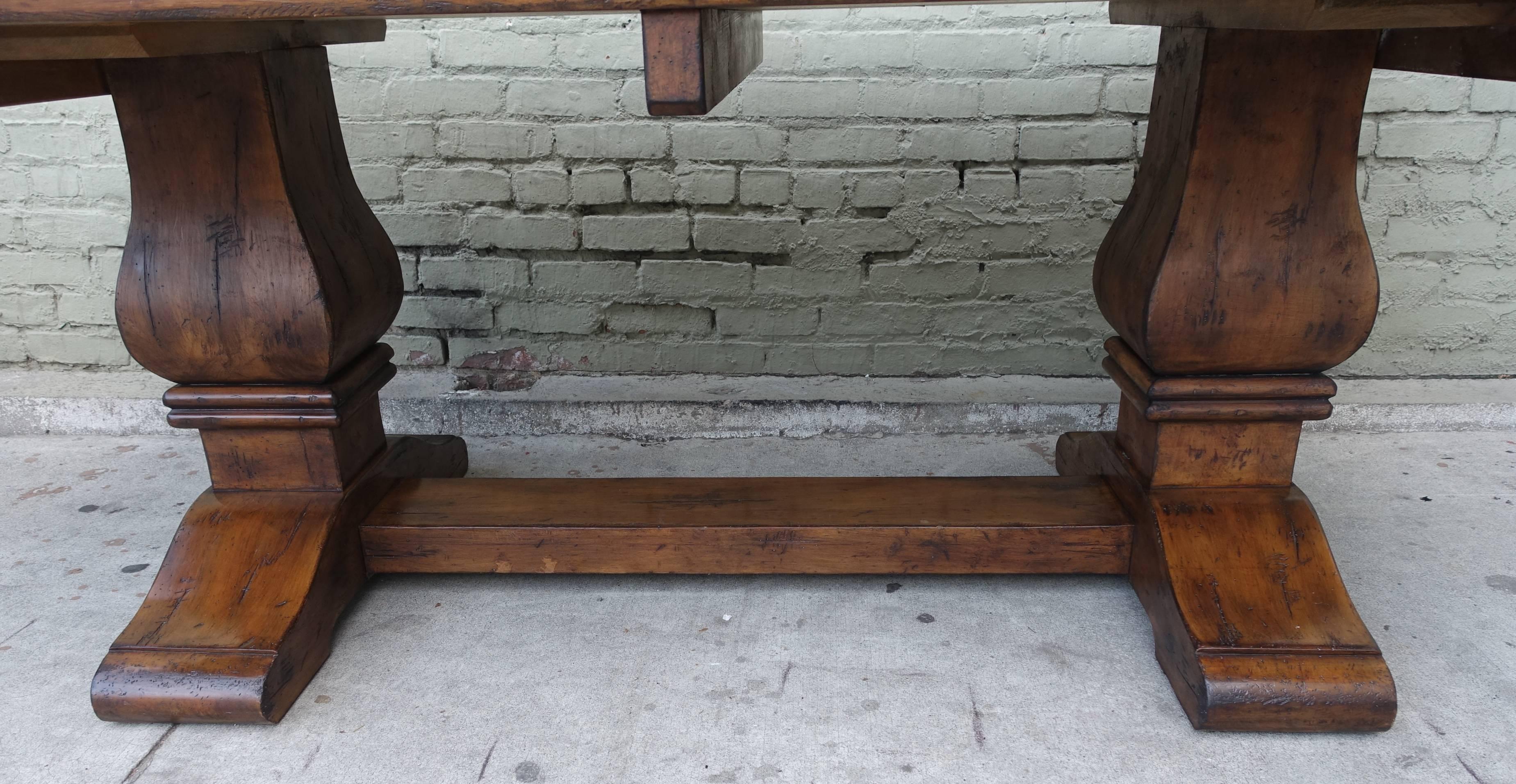 20th Century Carved Walnut Double Pedestal Dining Table with Stretcher