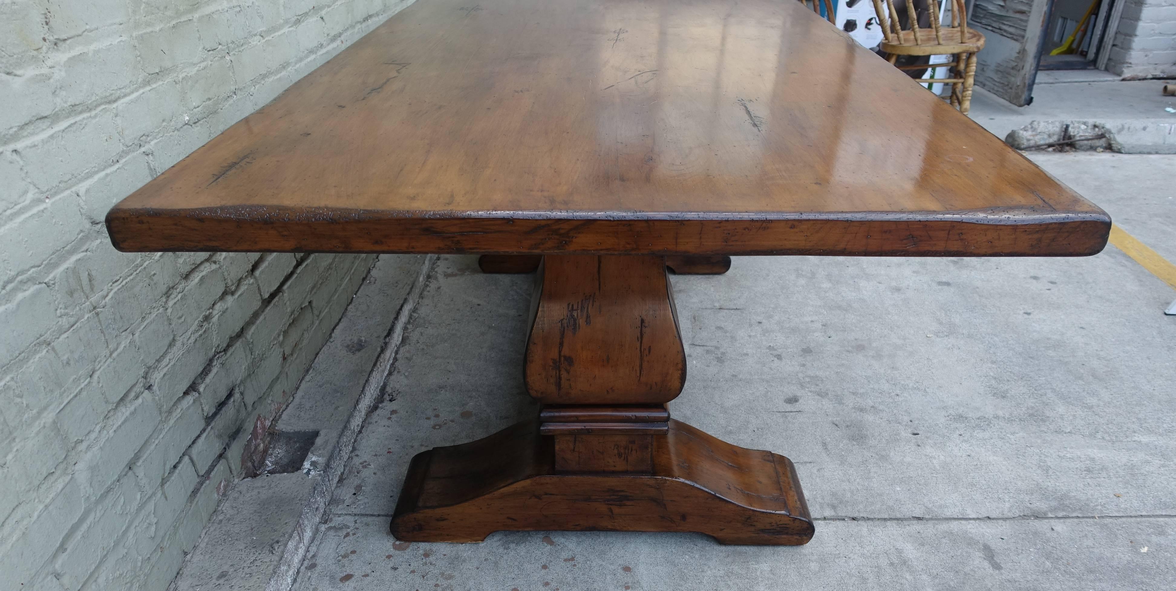 Carved Walnut Double Pedestal Dining Table with Stretcher In Distressed Condition In Los Angeles, CA