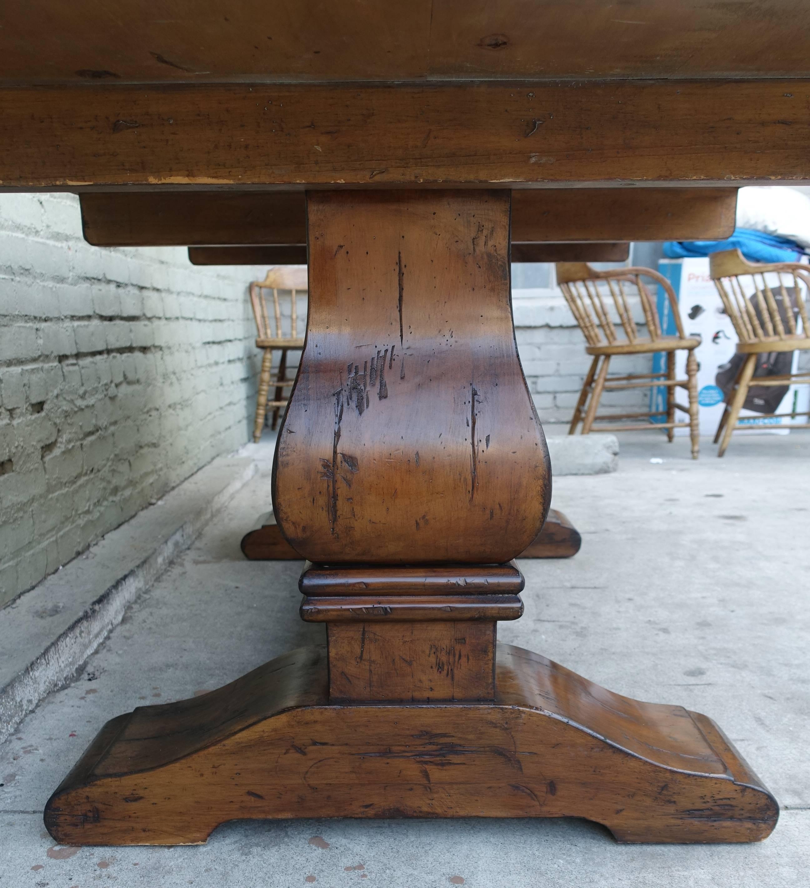 Unknown Carved Walnut Double Pedestal Dining Table with Stretcher