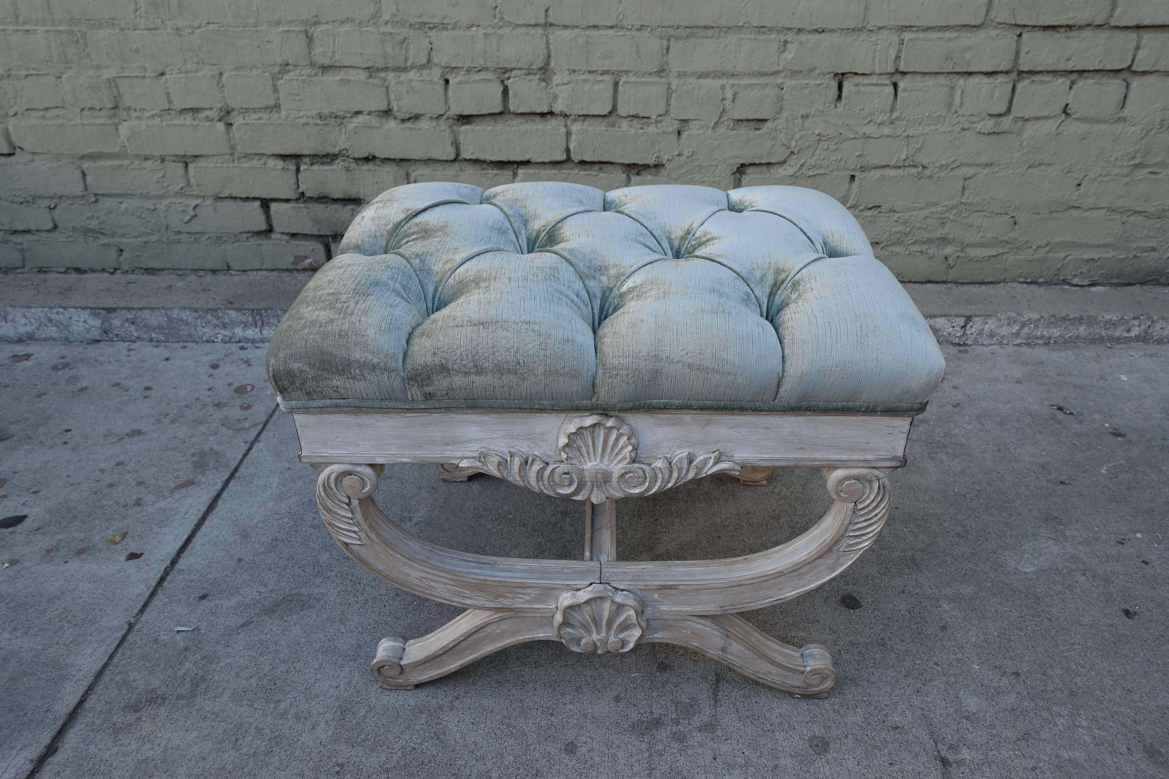 1930s French carved Painted "X" bench with Velvet upholstery.