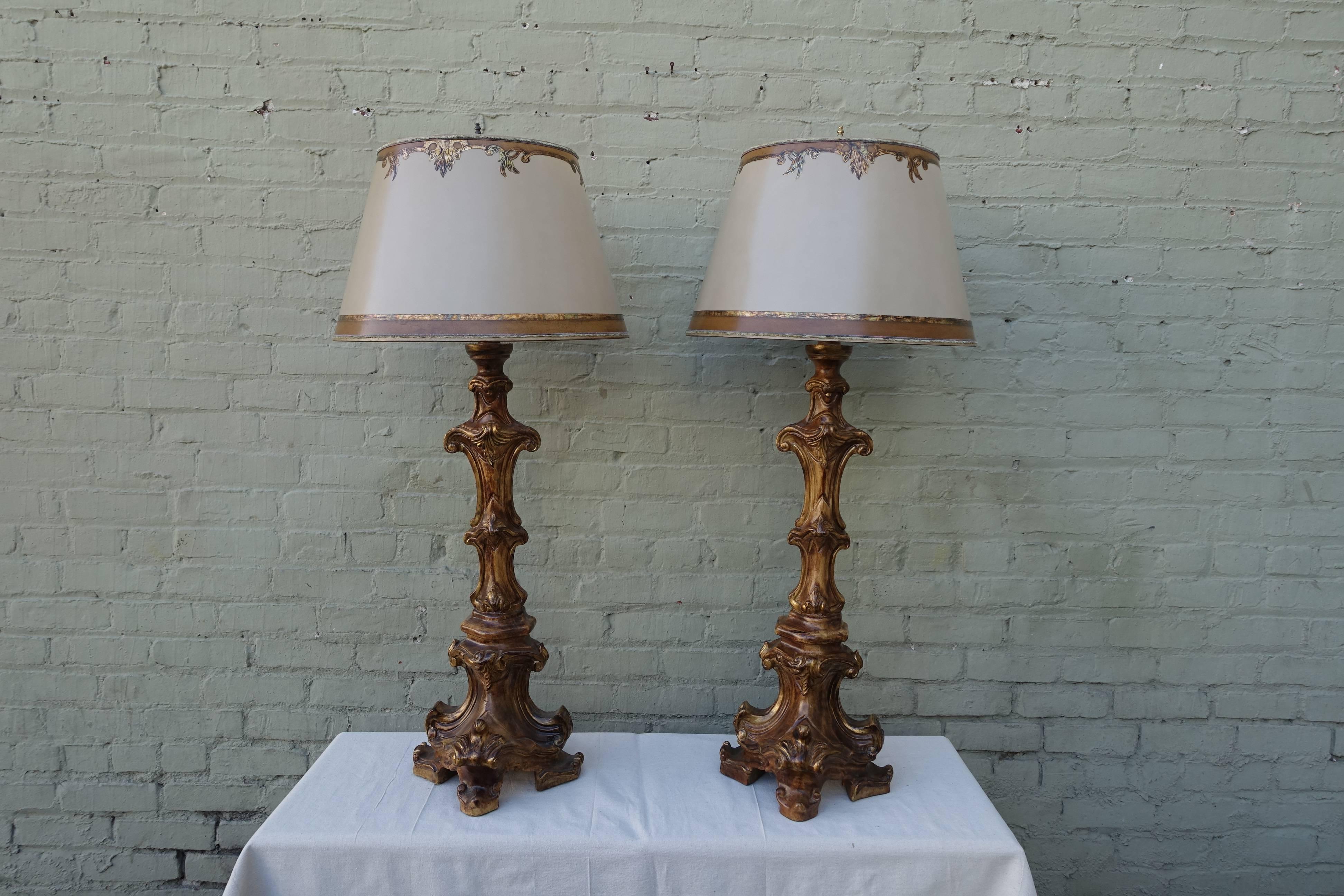 Wood Carved Italian Candlestick Lamps with Parchment Shades