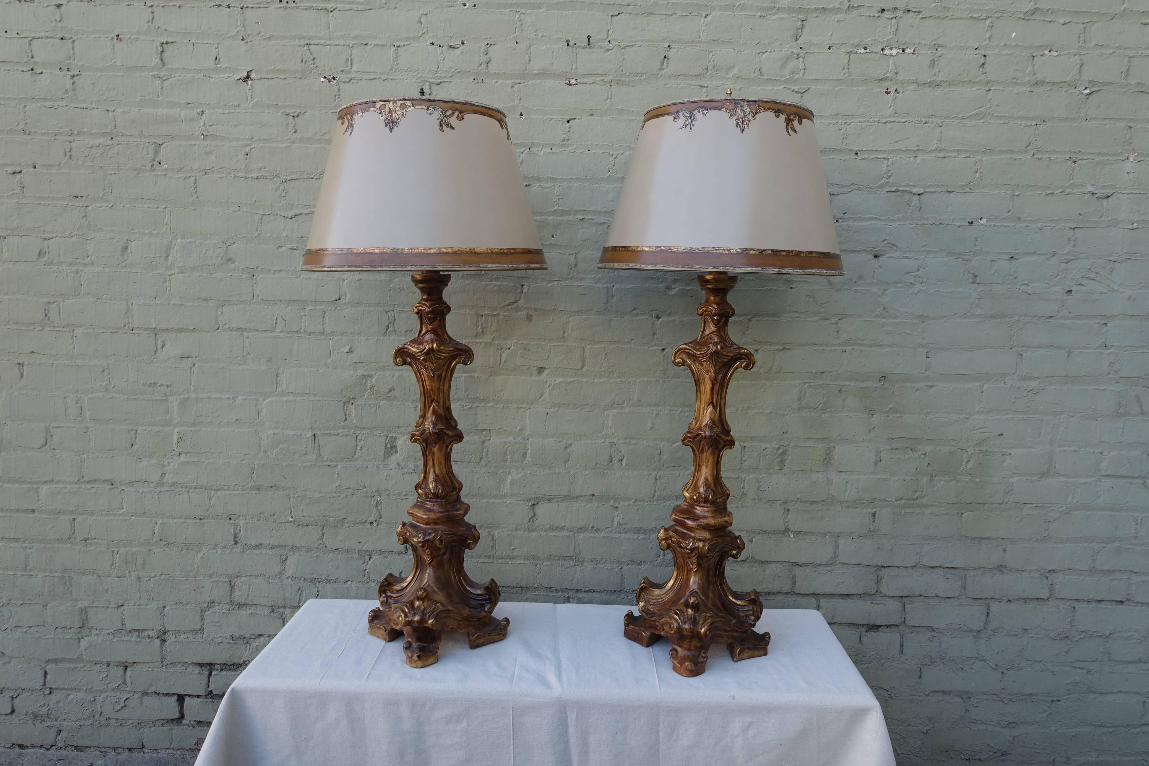 Carved Italian Candlestick Lamps with Parchment Shades 3