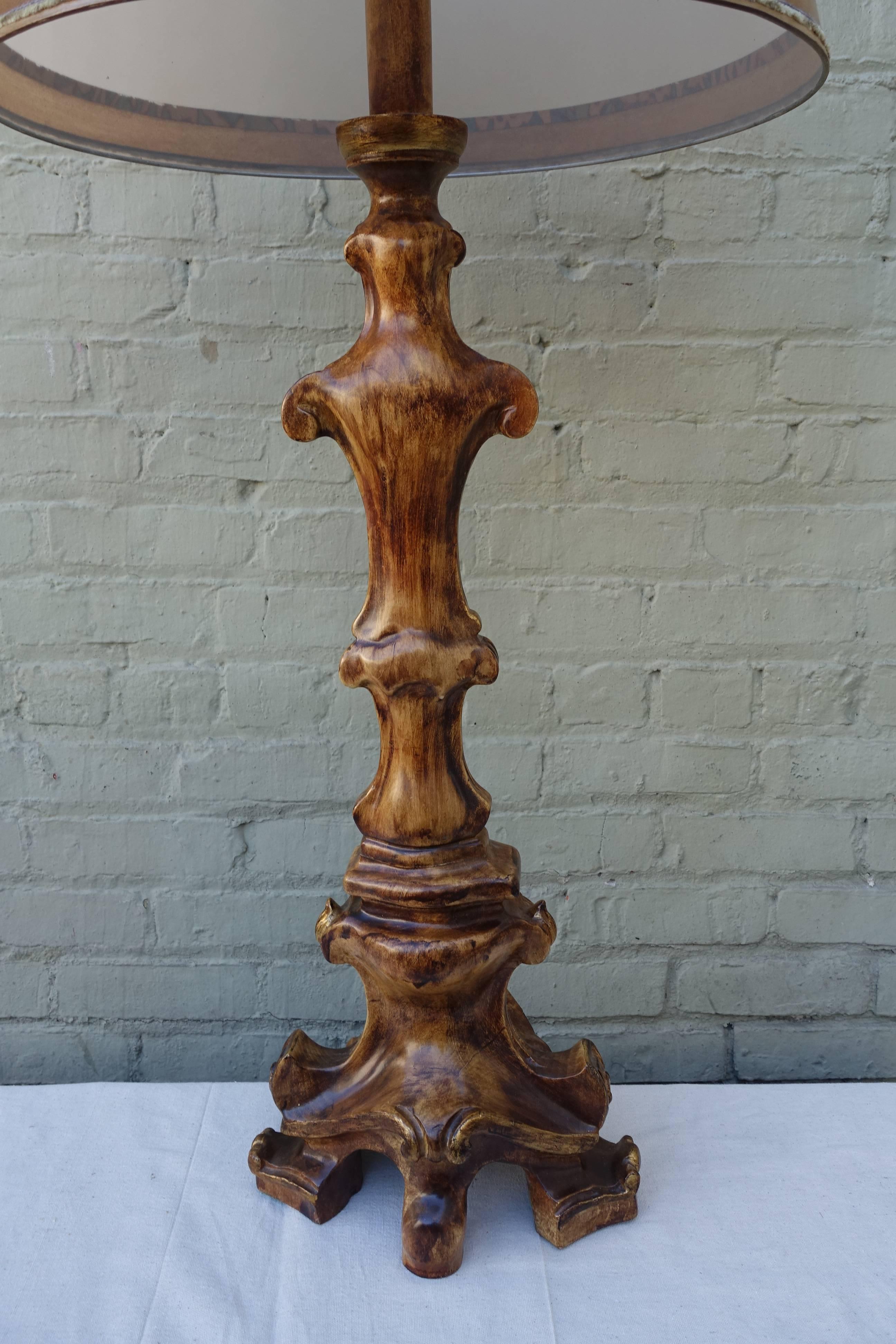 Carved Italian Candlestick Lamps with Parchment Shades In Excellent Condition In Los Angeles, CA