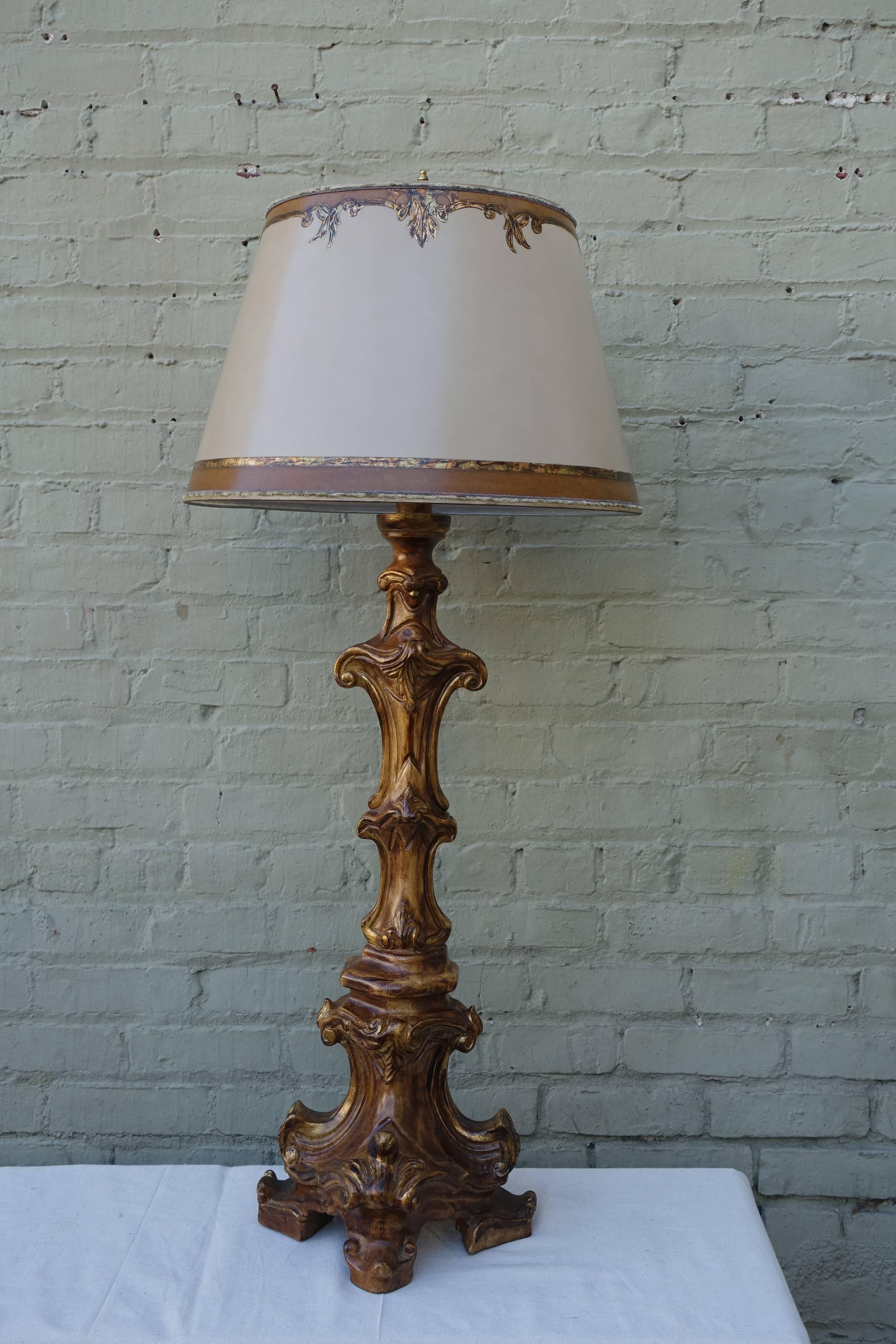Late 20th Century Carved Italian Candlestick Lamps with Parchment Shades