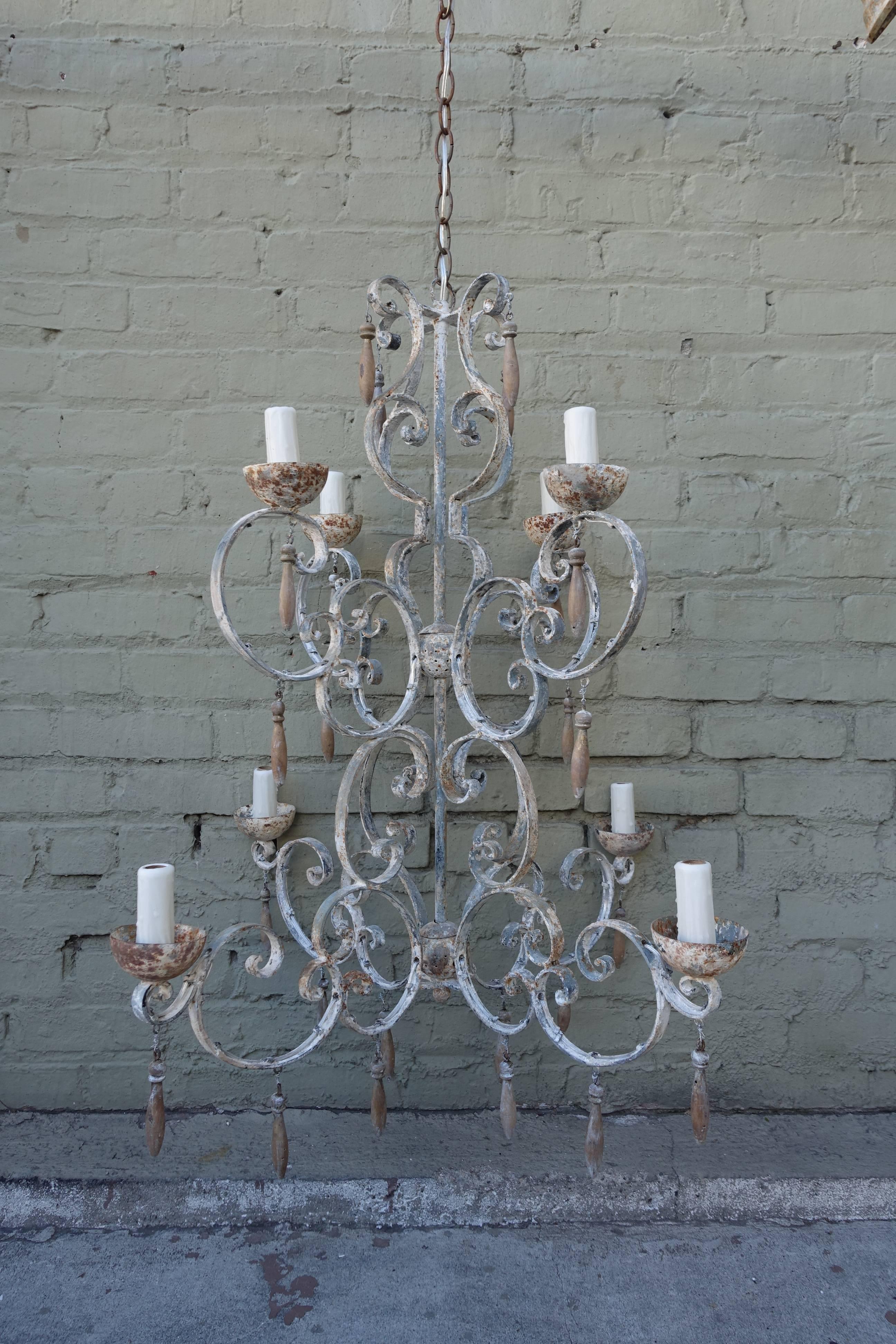 Wood Eight-Light Painted Italian Chandelier with Drops