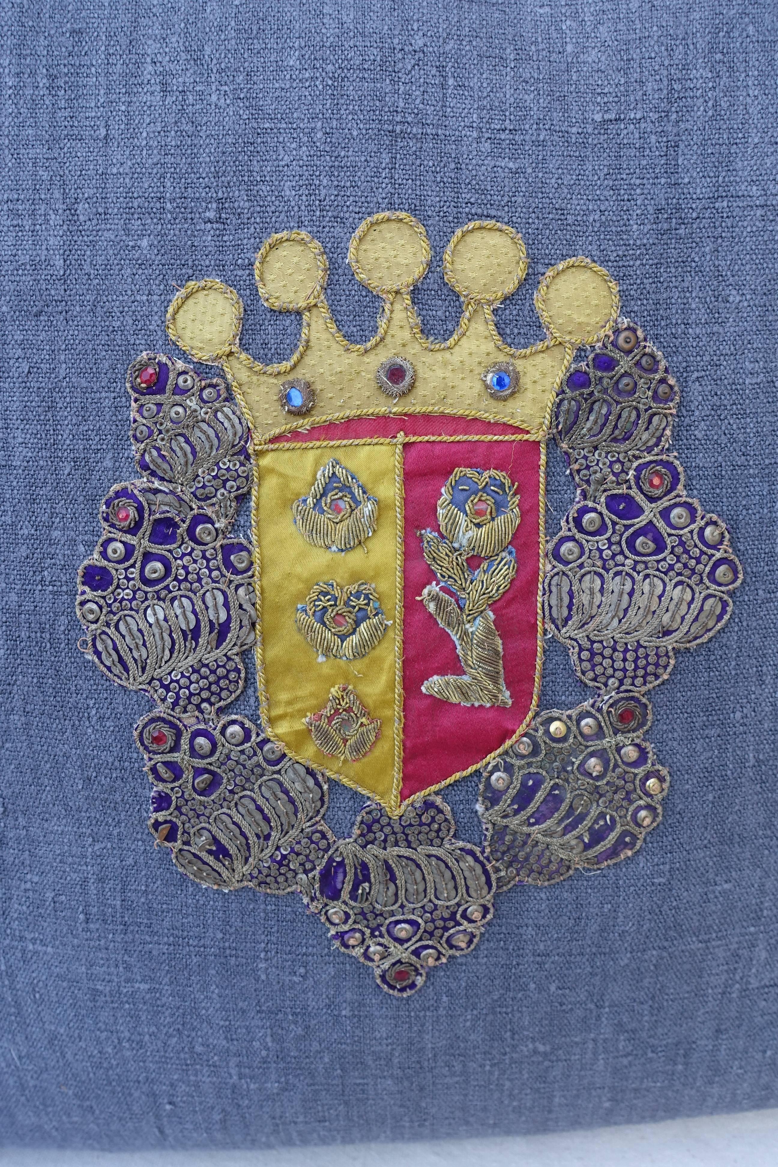 European Pair of 19th Century Coat of Arm Pillows
