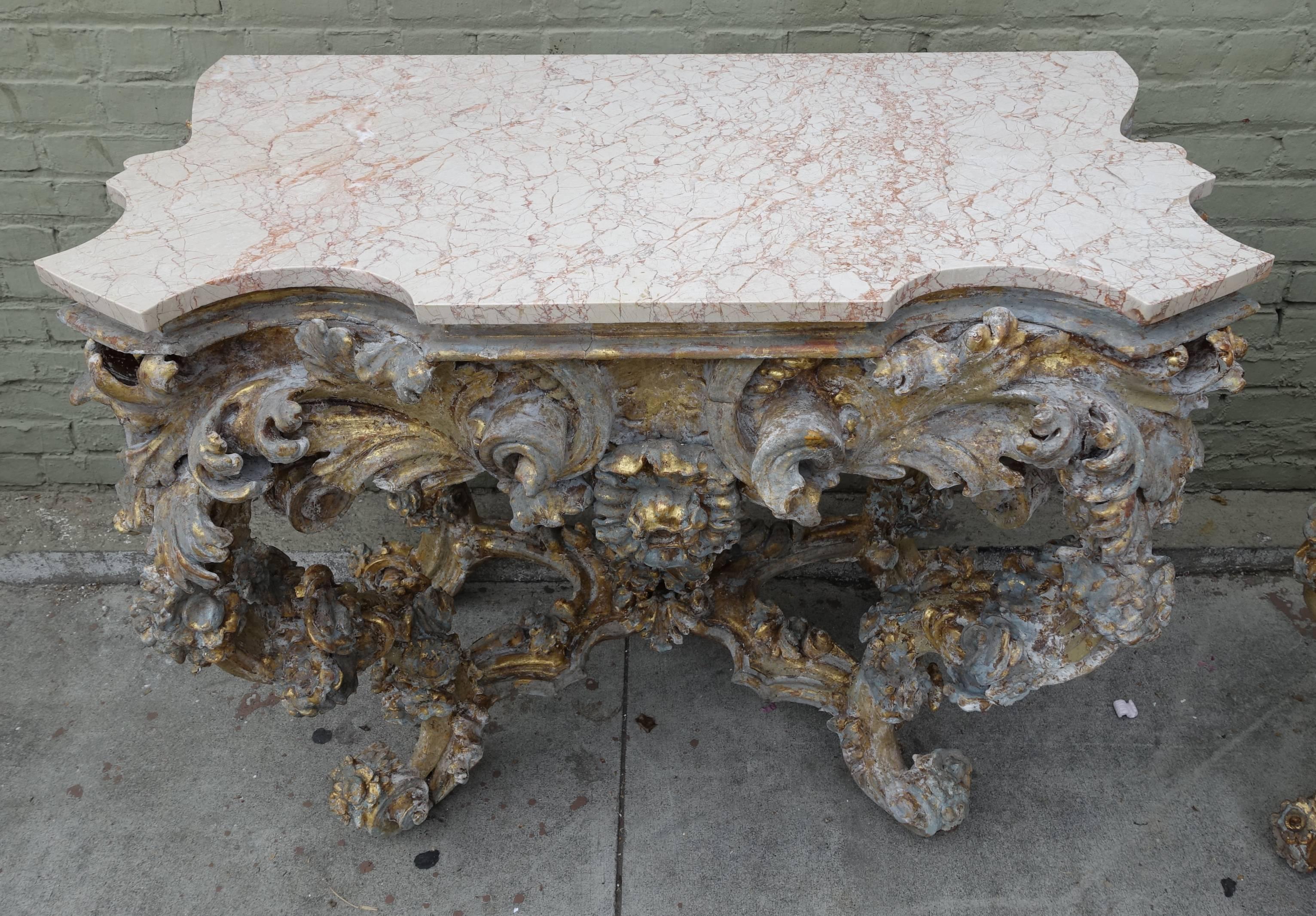 Gilt Pair of 19th Century French Rococo Style Consoles