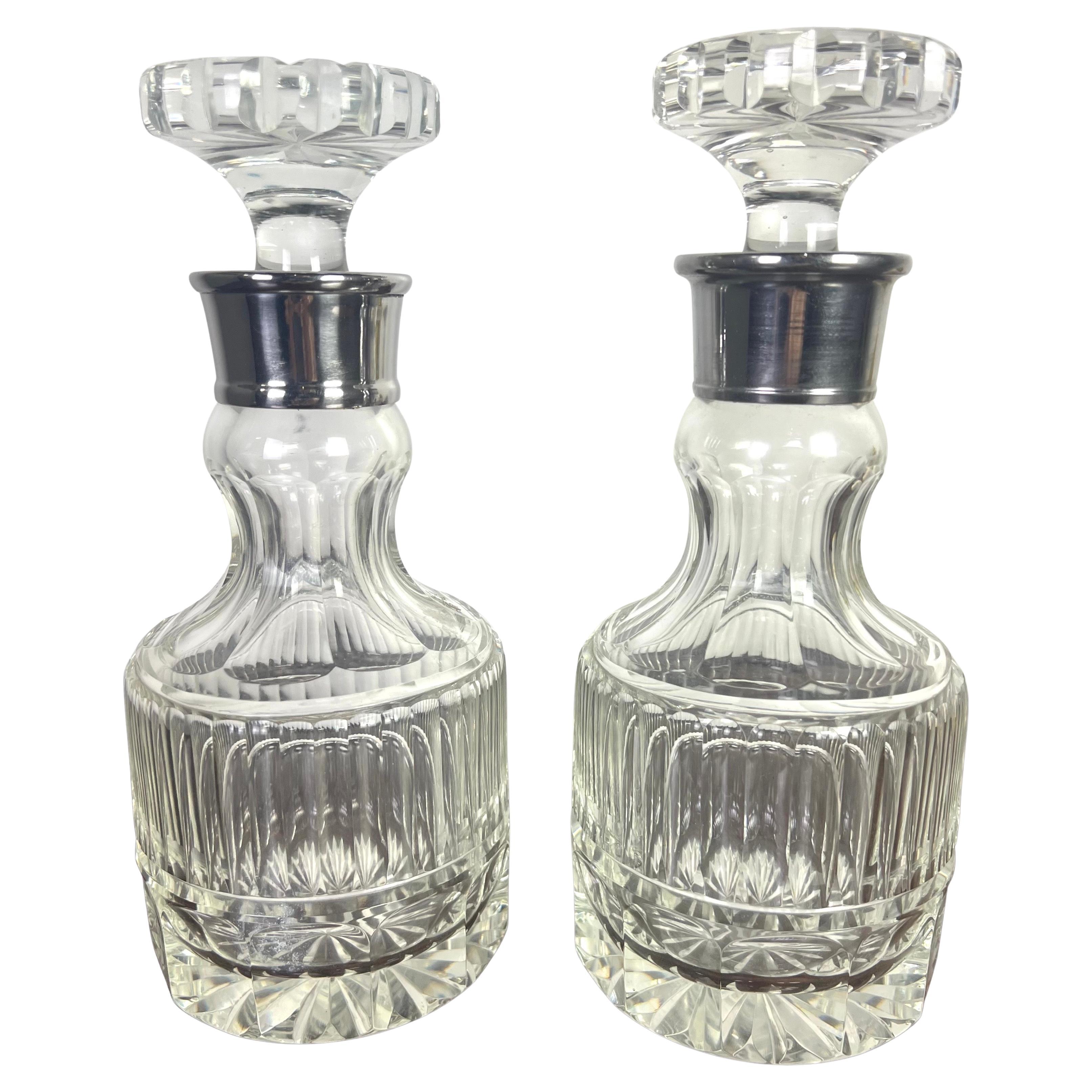 Pair of Cut Crystal Decanters with Silver Collar, European, 1930s