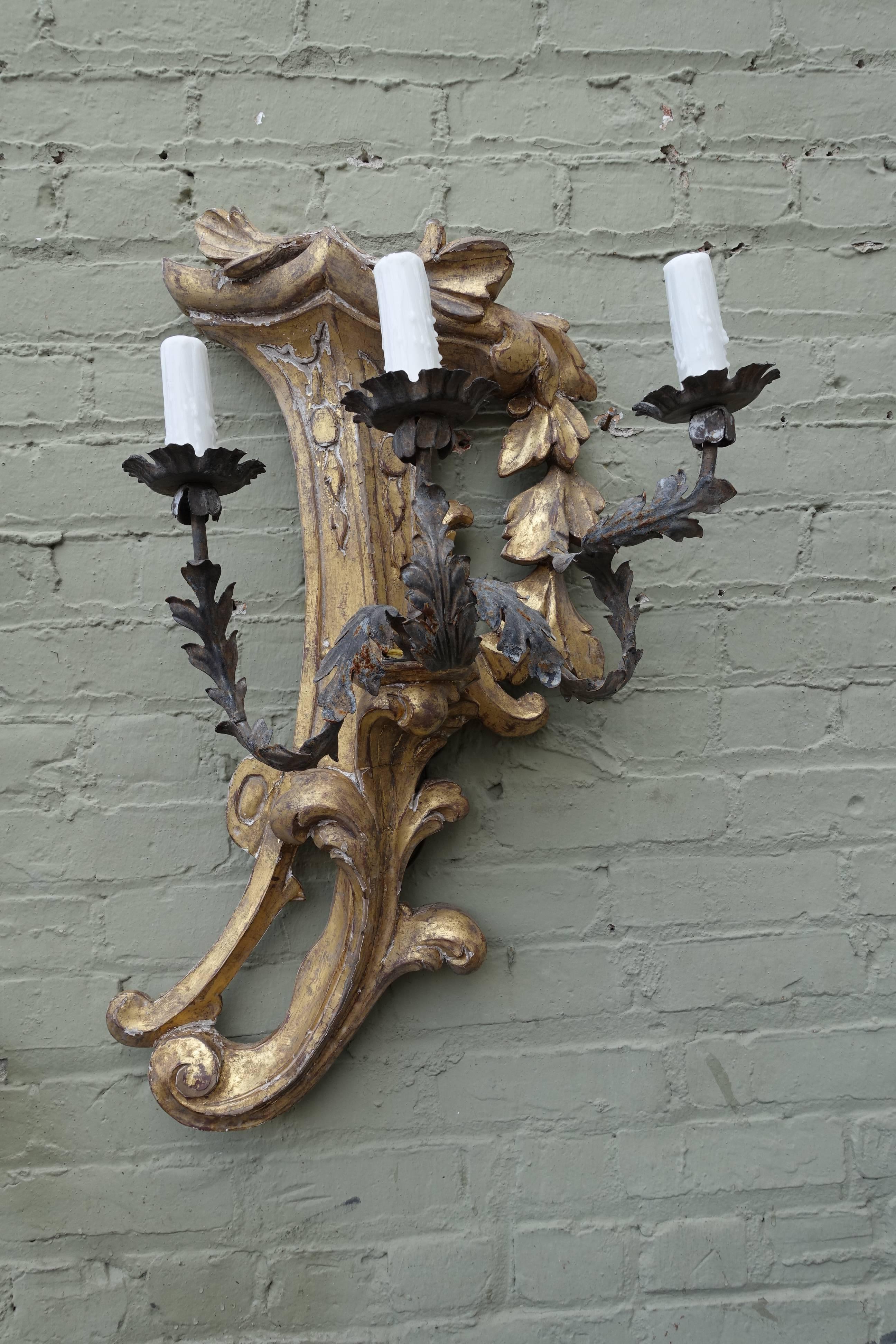 Baroque Three-Light Gilt Wood & Wrought Iron Sconces, Pair