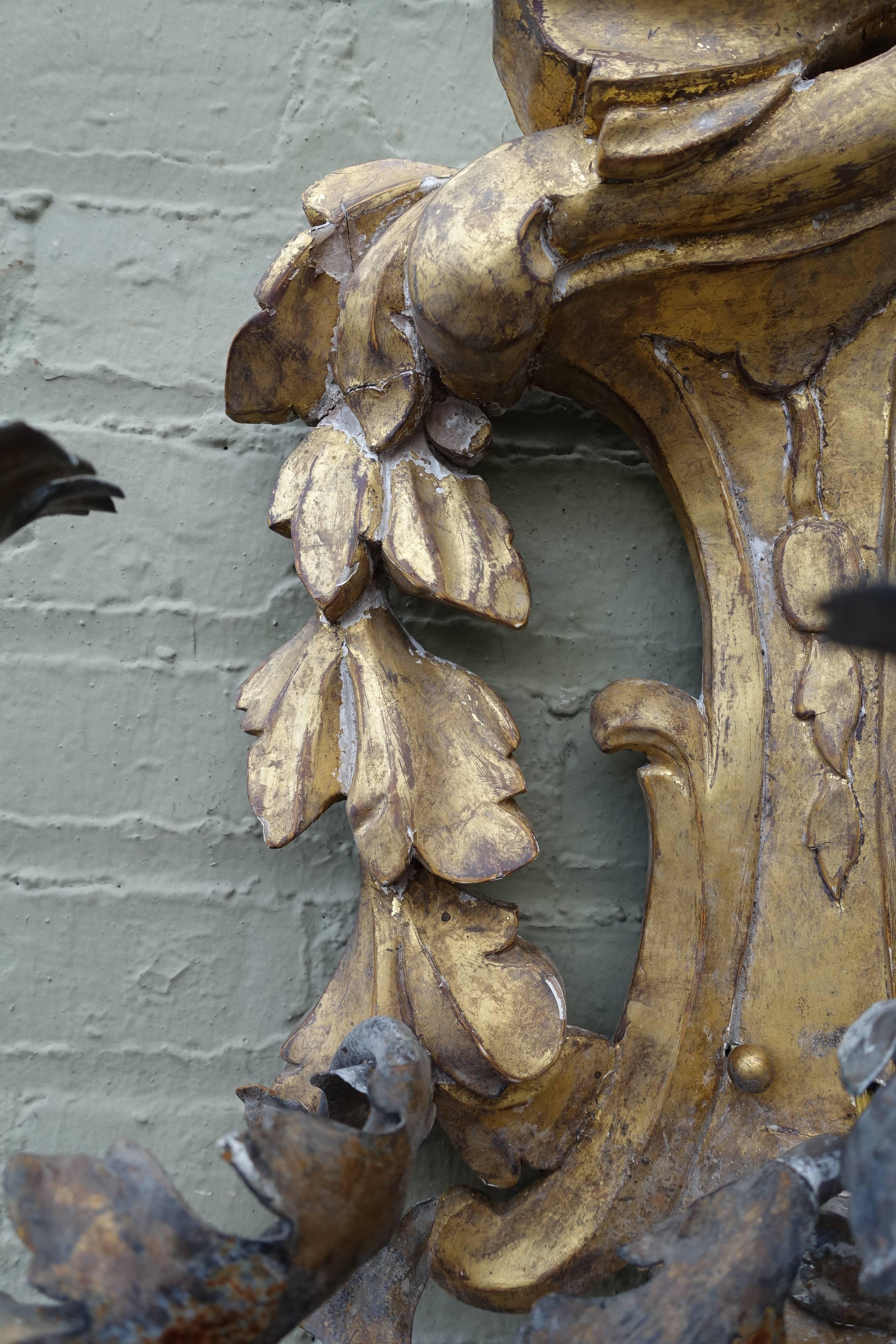 Three-Light Gilt Wood & Wrought Iron Sconces, Pair In Distressed Condition In Los Angeles, CA