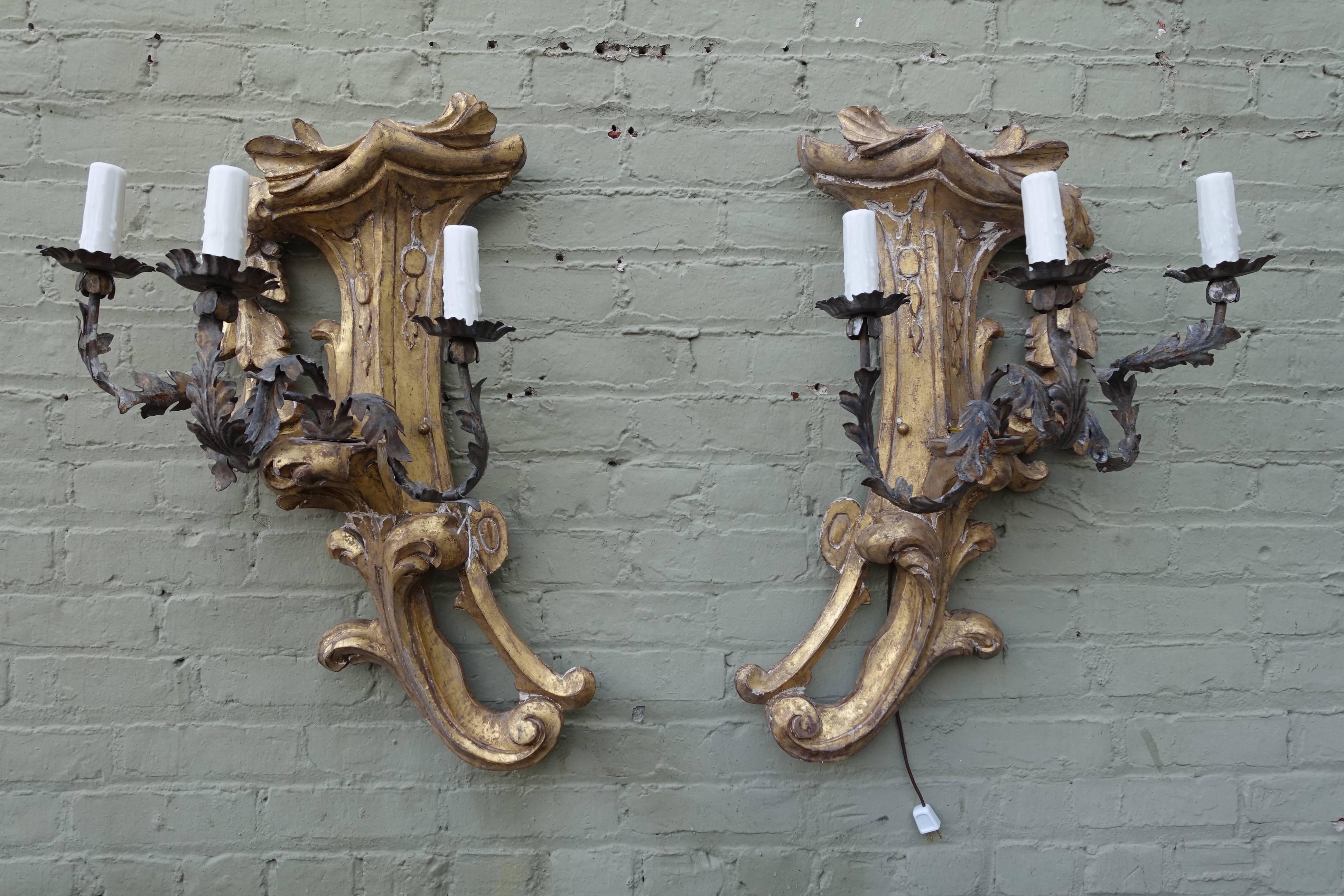 Three-Light Gilt Wood & Wrought Iron Sconces, Pair 3