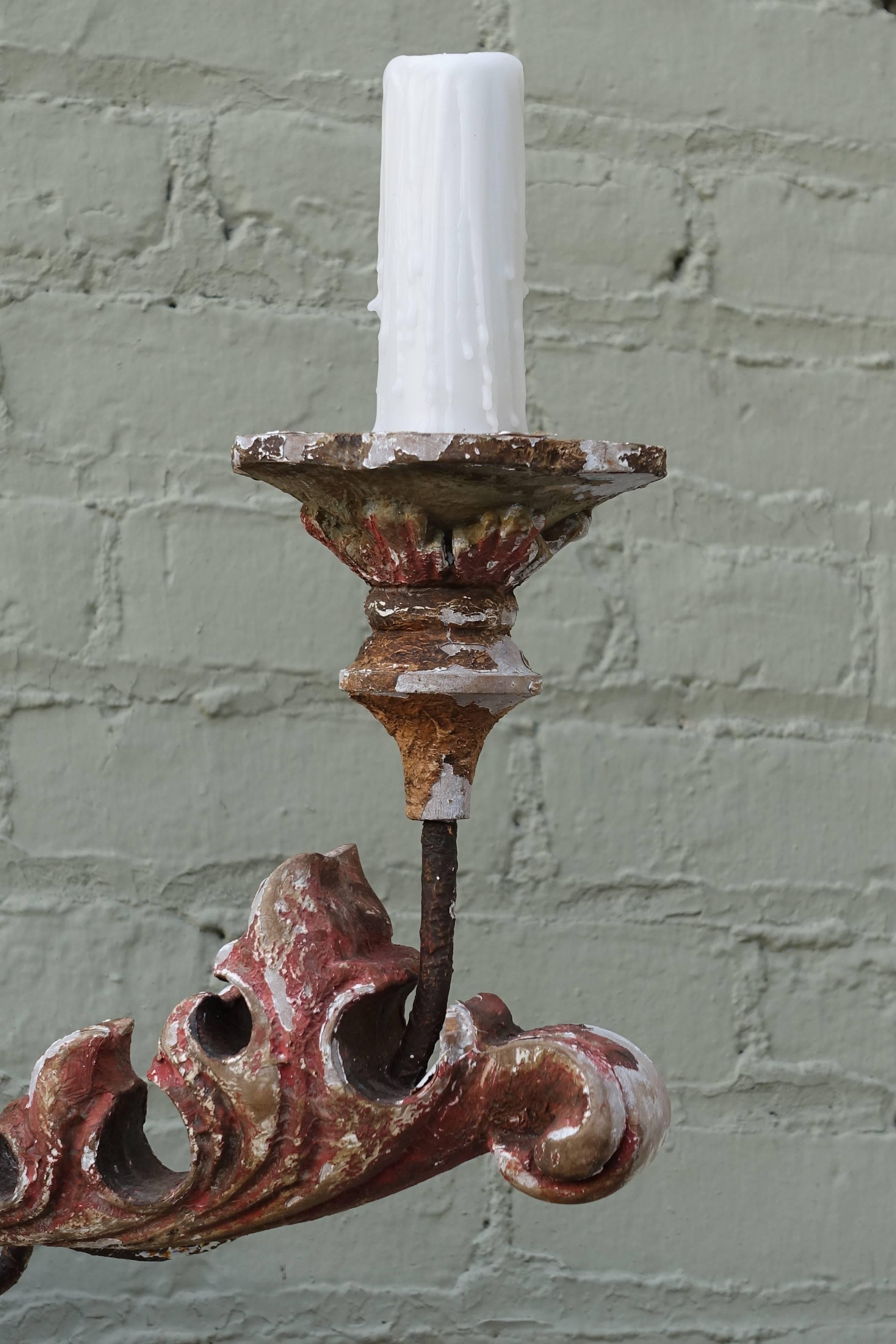 Pair of Italian Two-Light Carved Wood and Painted Sconces In Distressed Condition In Los Angeles, CA