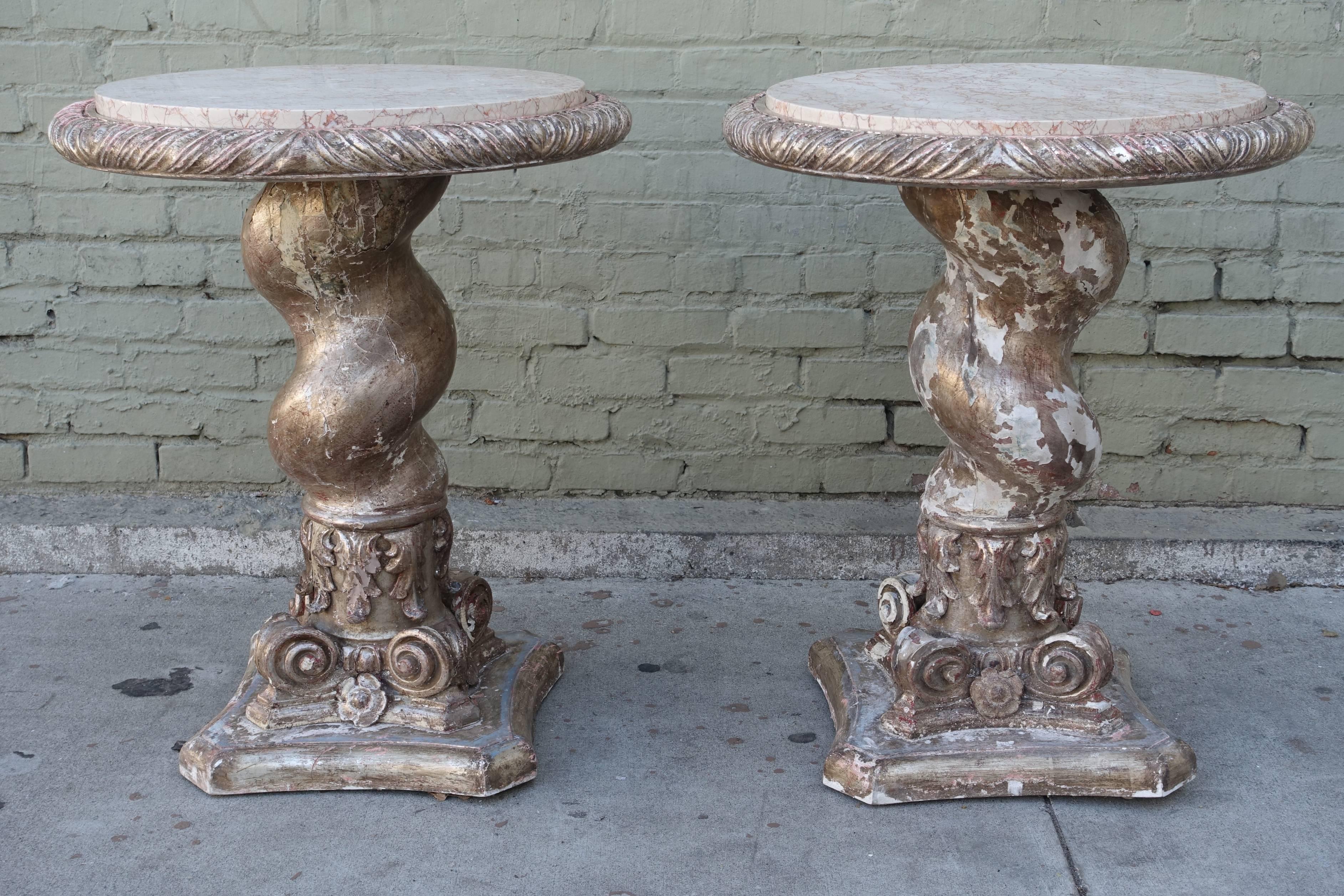 Pair of giltwood Italian twisted column tables with inset marble tops.
